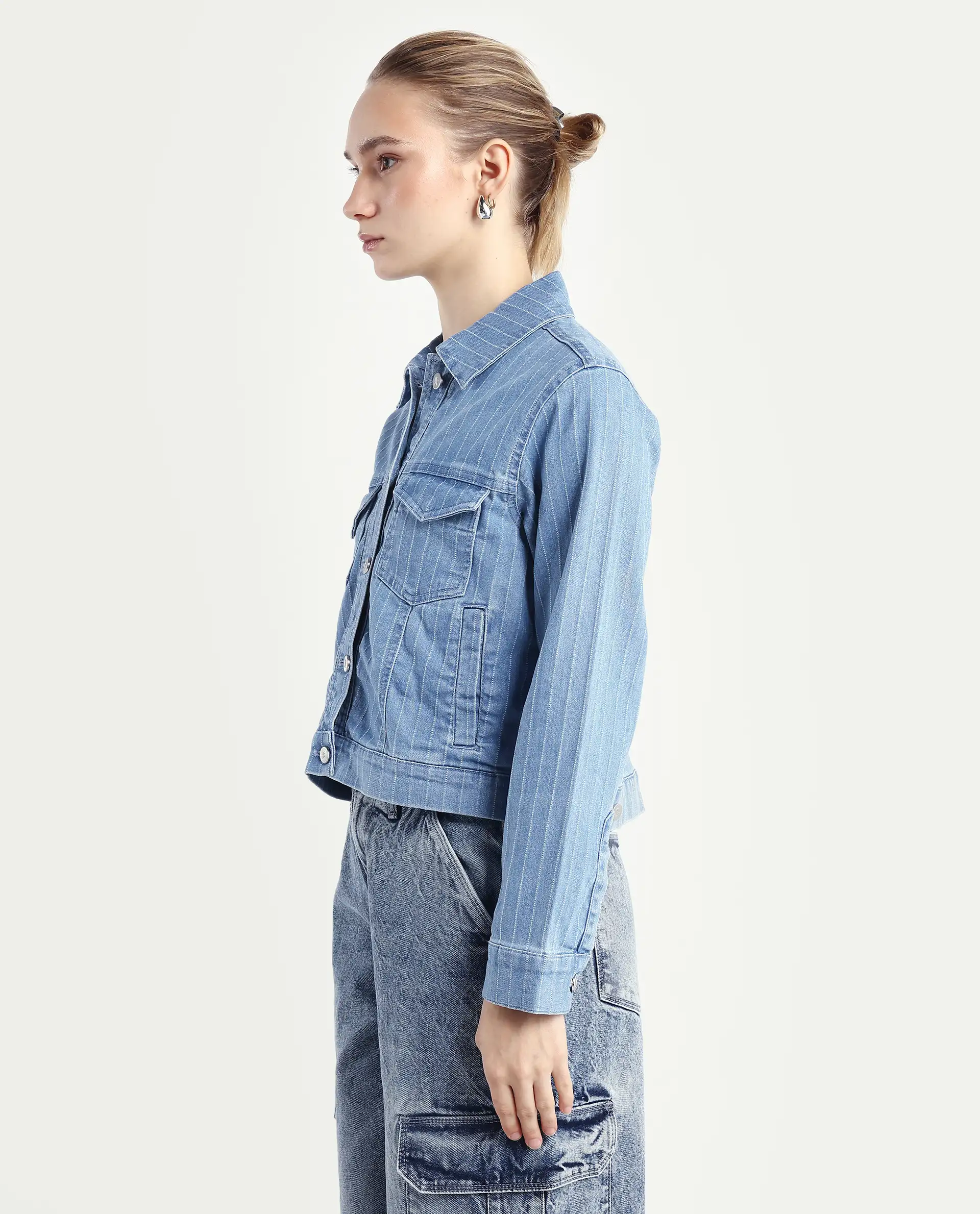Rareism Women's Luz Light Blue Cotton Blend Spread Collar Striped Cuffed Sleeve Regular Fit Jacket - Image 6