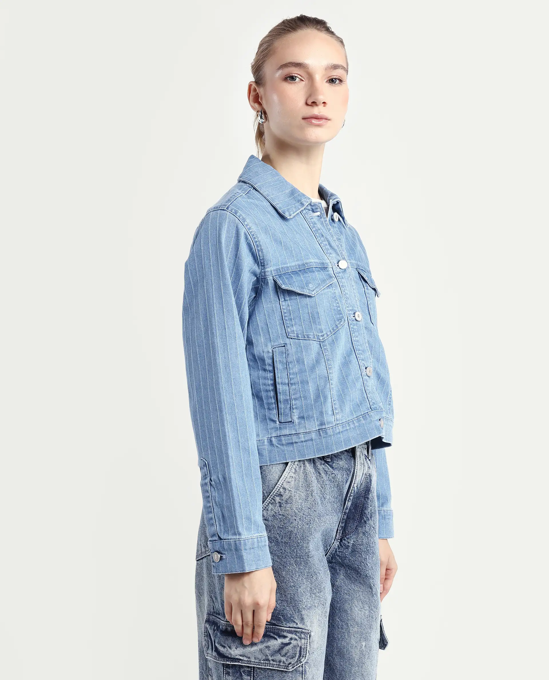 Rareism Women's Luz Light Blue Cotton Blend Spread Collar Striped Cuffed Sleeve Regular Fit Jacket - Image 7