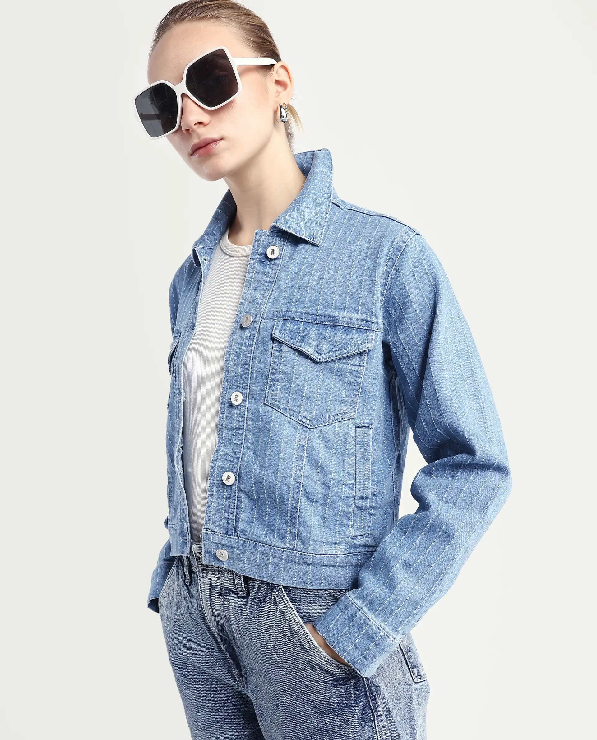 Rareism Women's Luz Light Blue Cotton Blend Spread Collar Striped Cuffed Sleeve Regular Fit Jacket - Image 8