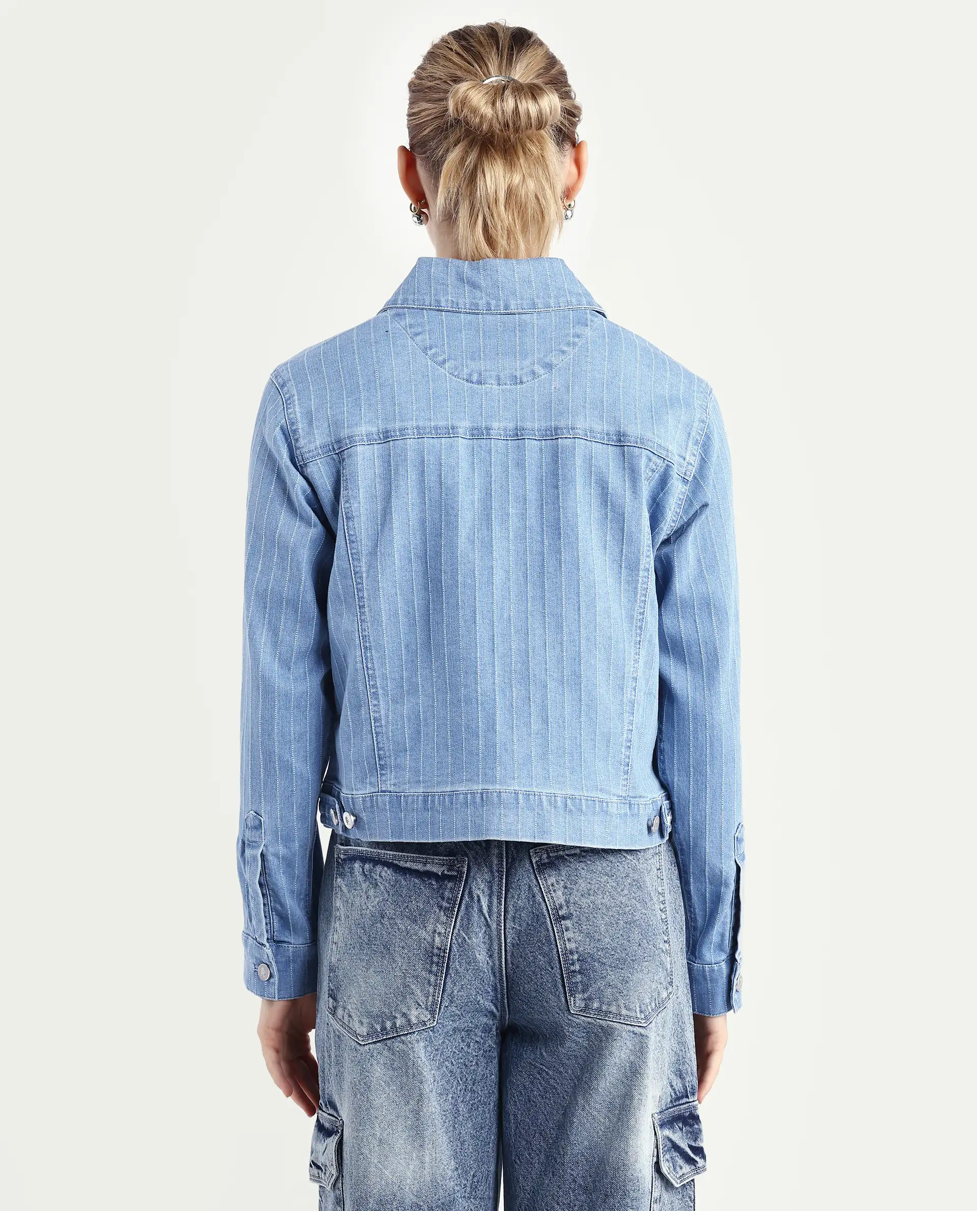 Rareism Women's Luz Light Blue Cotton Blend Spread Collar Striped Cuffed Sleeve Regular Fit Jacket - Image 9