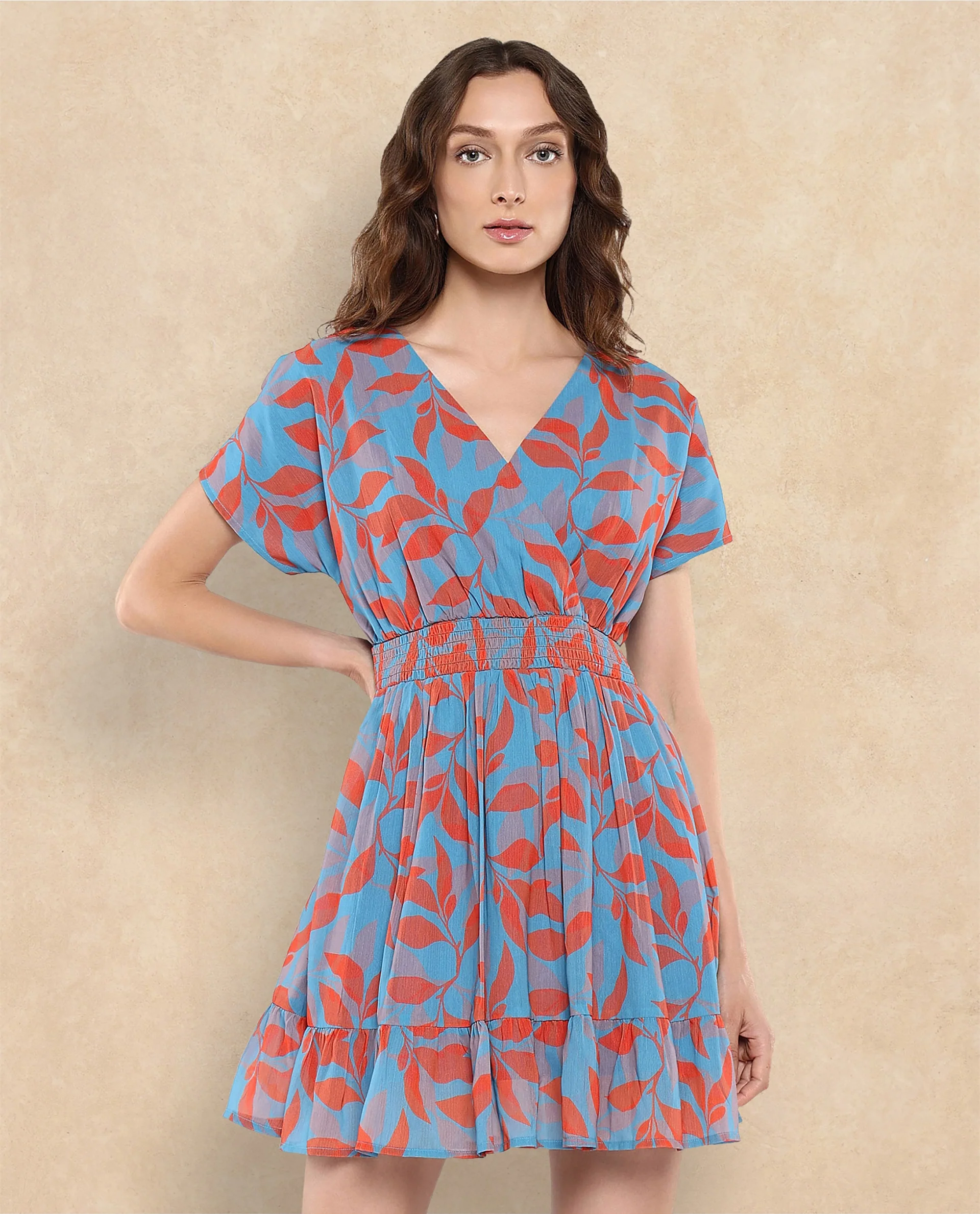 Rareism Women's Luzy Multi Cotton Blend V-Neck Abstract Print Extended Sleeves Knee Length Fit And Flare Dress - Image 2