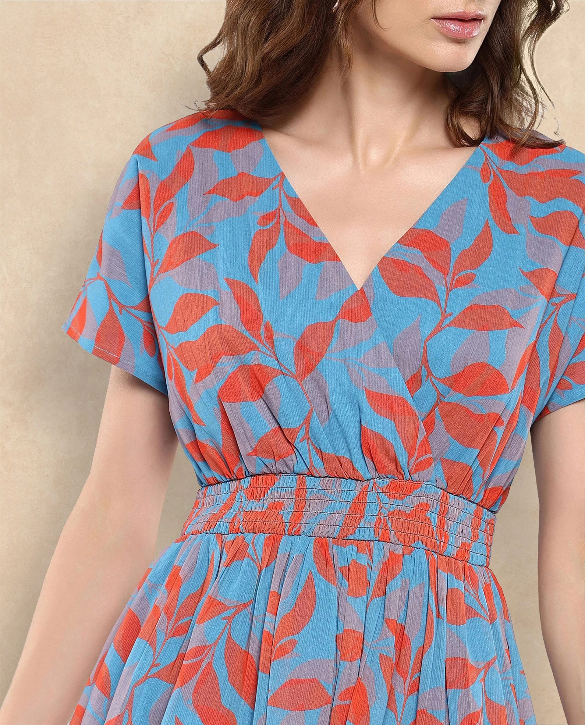 Rareism Women's Luzy Multi Cotton Blend V-Neck Abstract Print Extended Sleeves Knee Length Fit And Flare Dress - Image 3