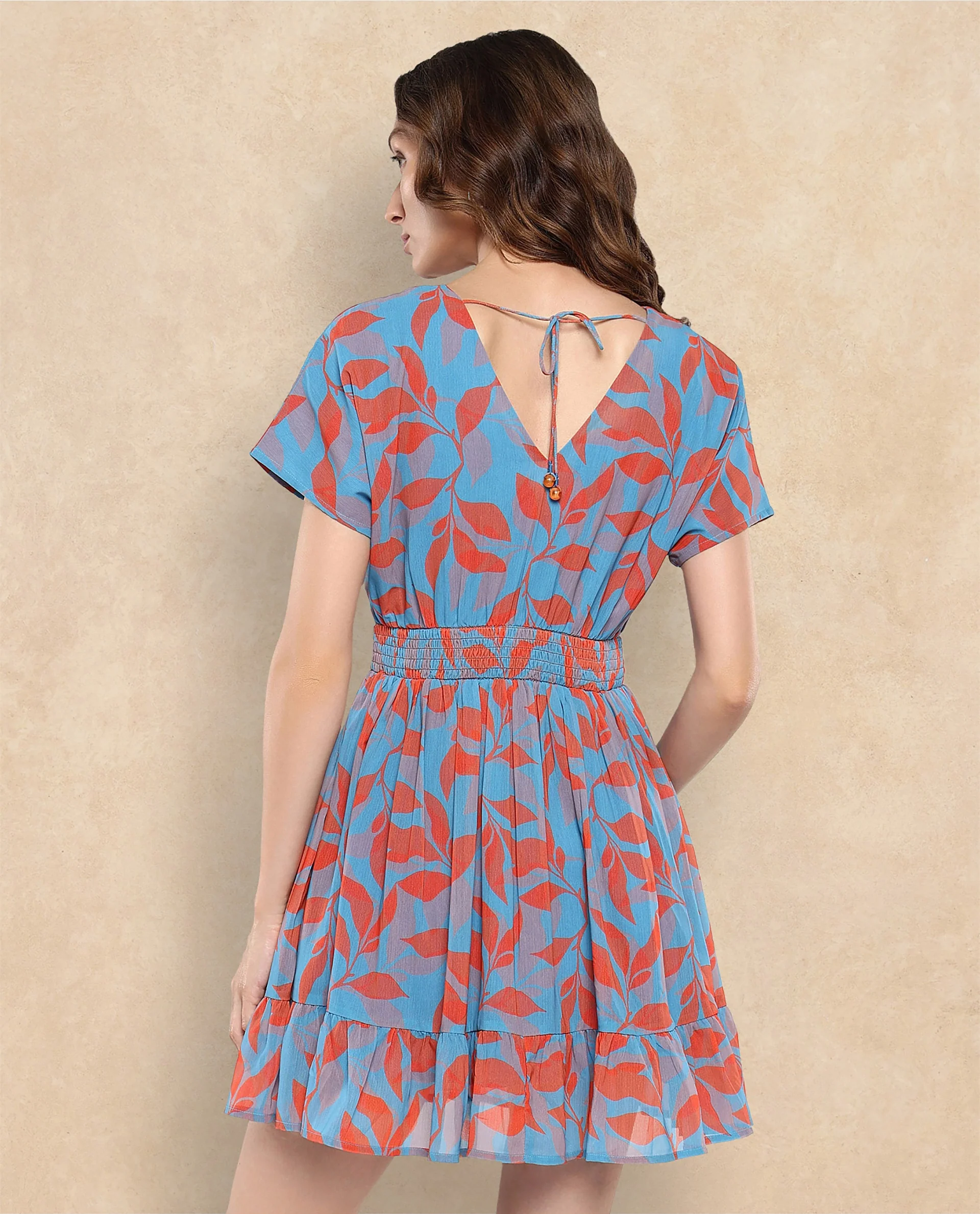 Rareism Women's Luzy Multi Cotton Blend V-Neck Abstract Print Extended Sleeves Knee Length Fit And Flare Dress - Image 5