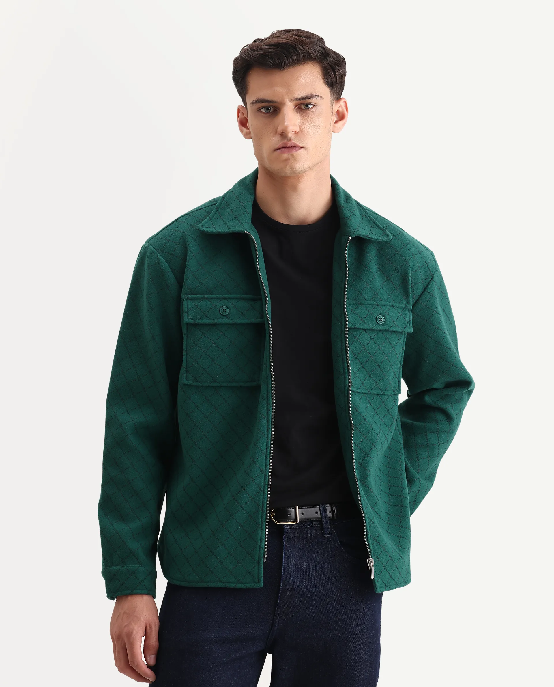 Rare Rabbit Men's Lybro Green Polyester Monogram Print Regular Fit Full Sleeve Spread Collar Jacket