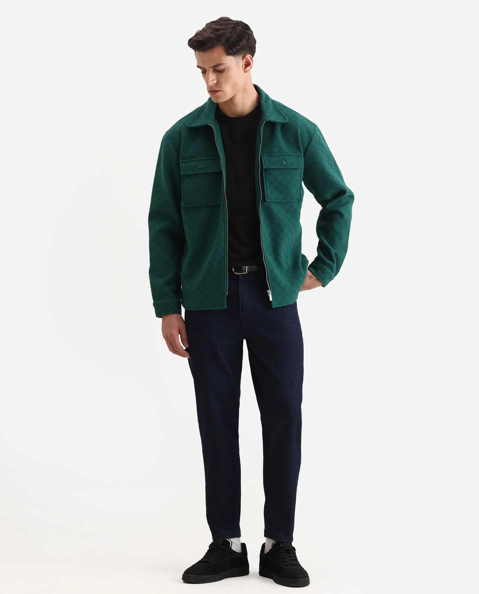 Rare Rabbit Men's Lybro Green Polyester Monogram Print Regular Fit Full Sleeve Spread Collar Jacket - Image 2
