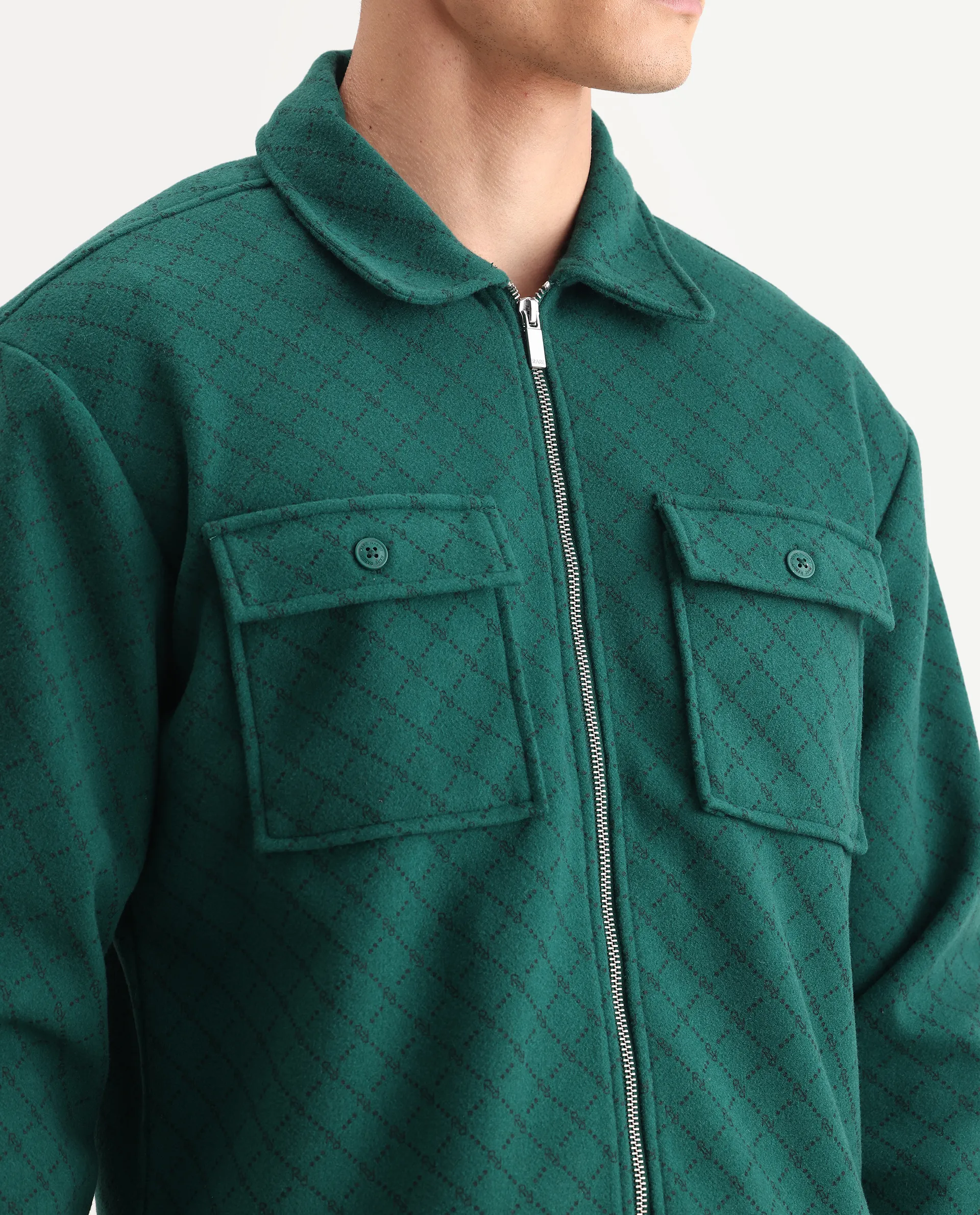 Rare Rabbit Men's Lybro Green Polyester Monogram Print Regular Fit Full Sleeve Spread Collar Jacket - Image 3