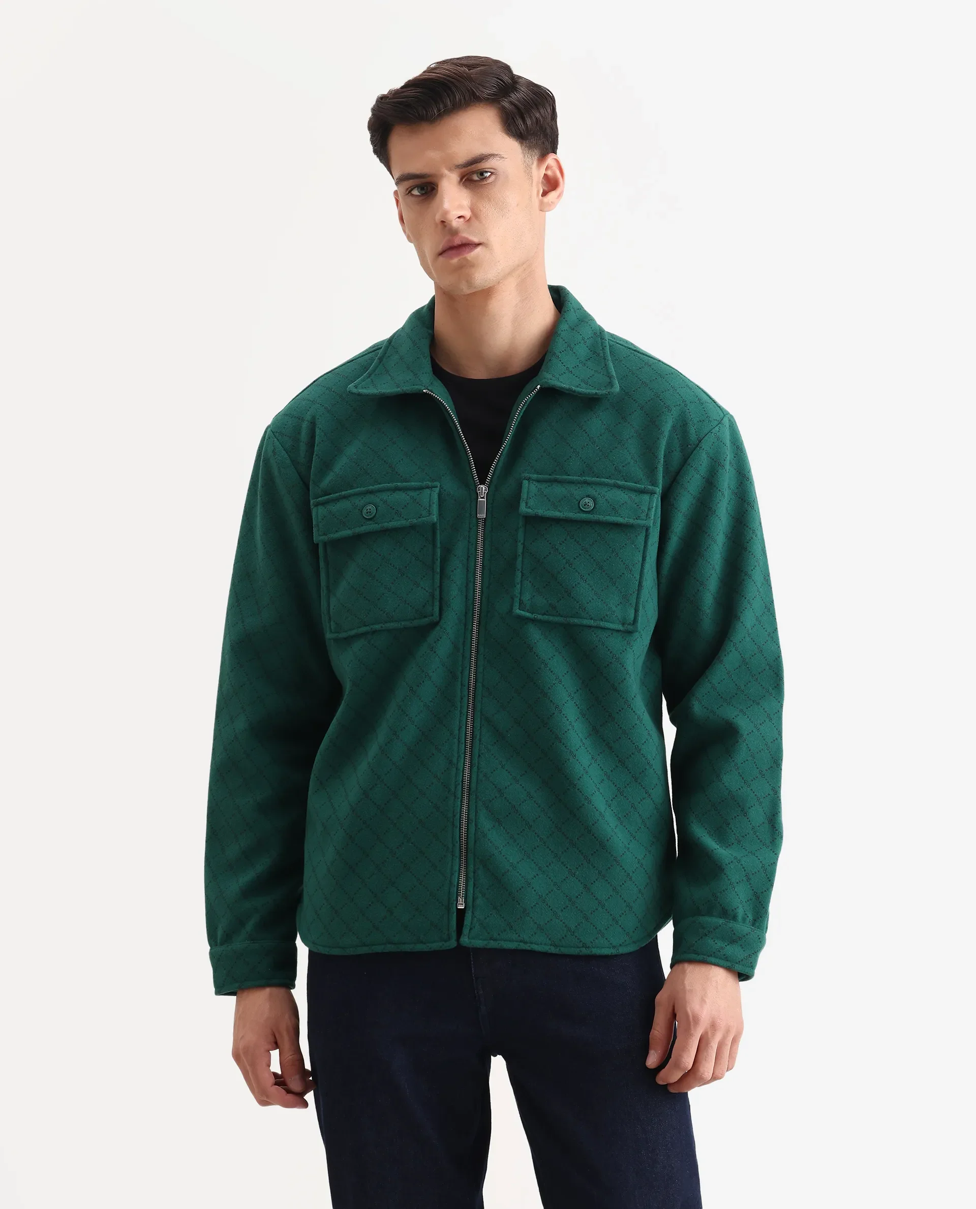 Rare Rabbit Men's Lybro Green Polyester Monogram Print Regular Fit Full Sleeve Spread Collar Jacket - Image 4