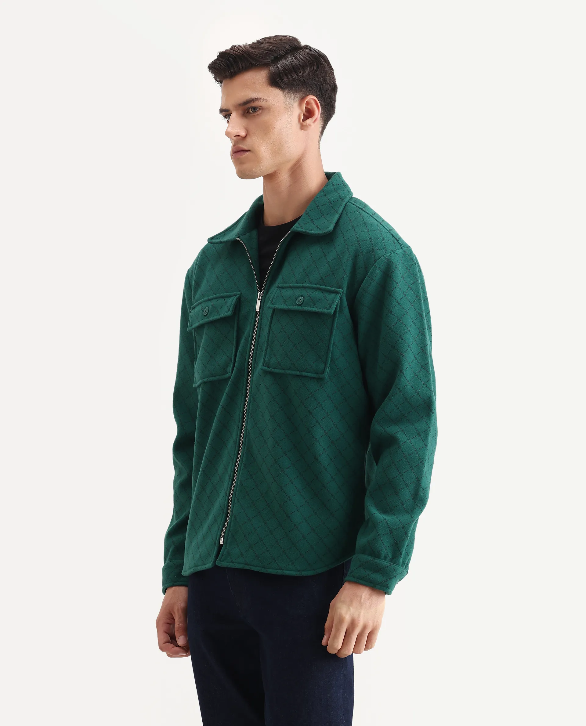 Rare Rabbit Men's Lybro Green Polyester Monogram Print Regular Fit Full Sleeve Spread Collar Jacket - Image 5