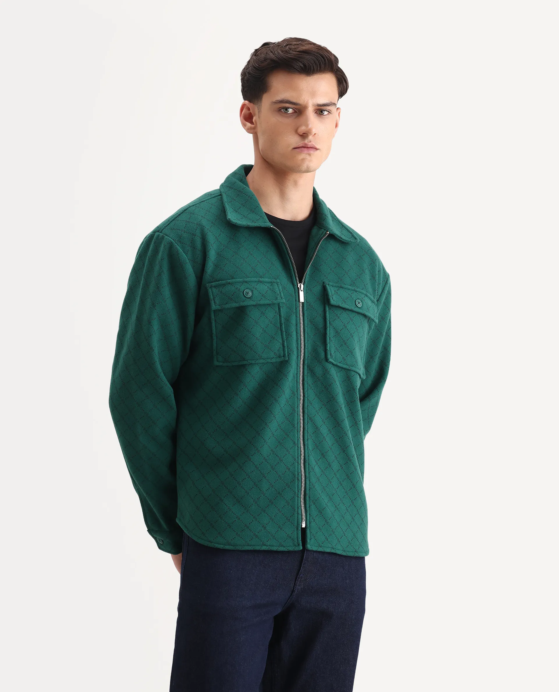 Rare Rabbit Men's Lybro Green Polyester Monogram Print Regular Fit Full Sleeve Spread Collar Jacket - Image 6