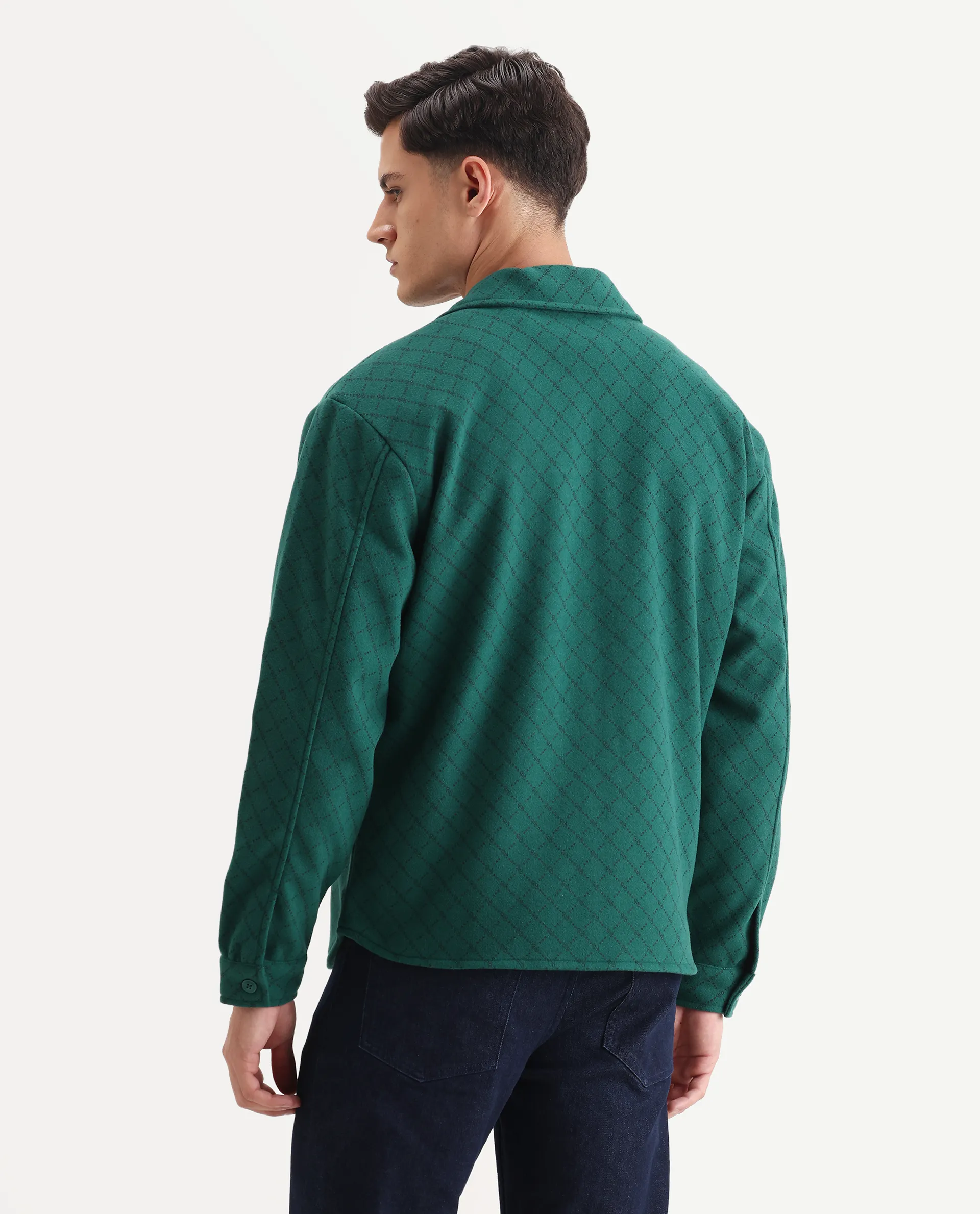 Rare Rabbit Men's Lybro Green Polyester Monogram Print Regular Fit Full Sleeve Spread Collar Jacket - Image 7