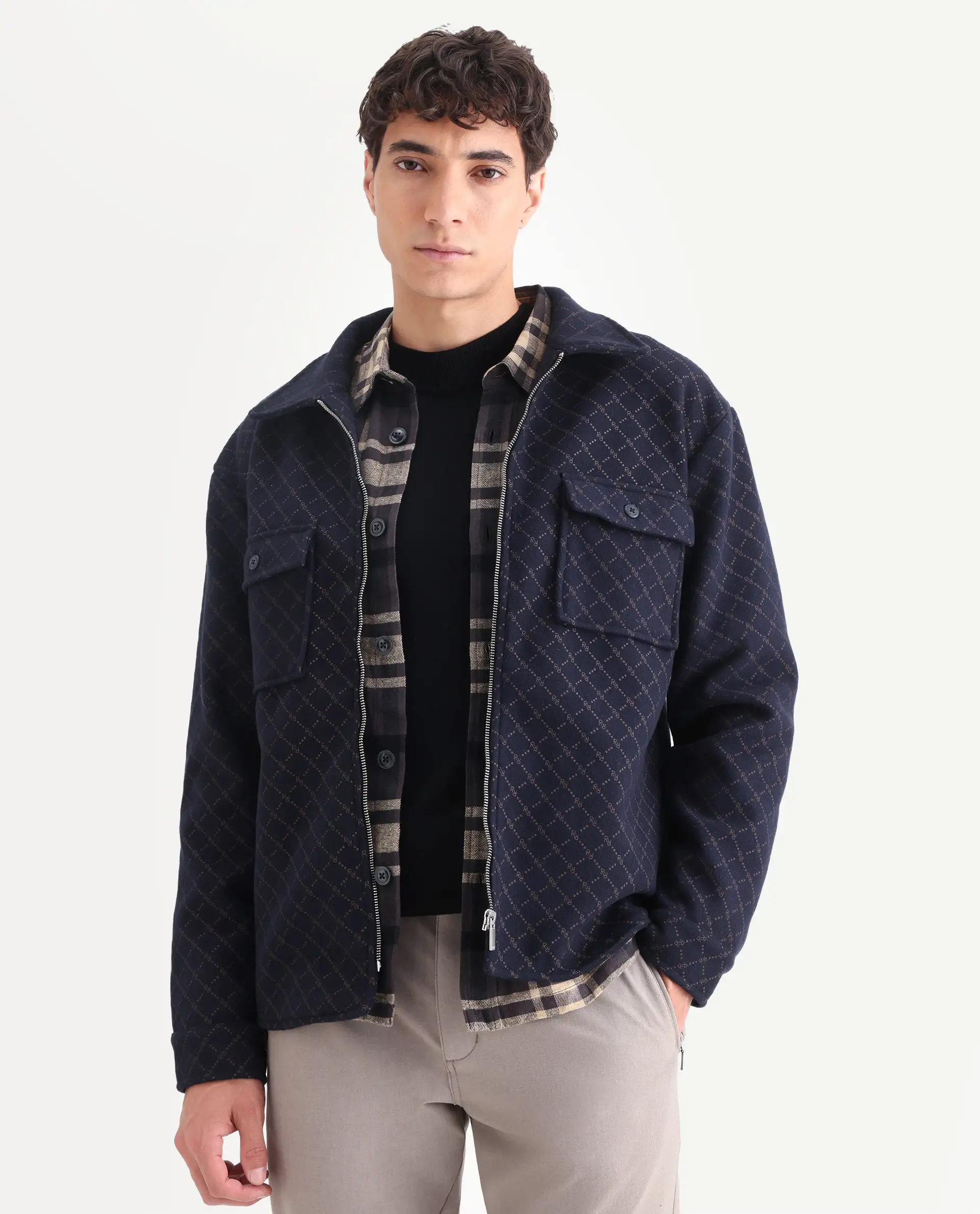 Rare Rabbit Men's Lybro Navy Polyester Monogram Print Regular Fit Full Sleeve Spread Collar Jacket - Image 3