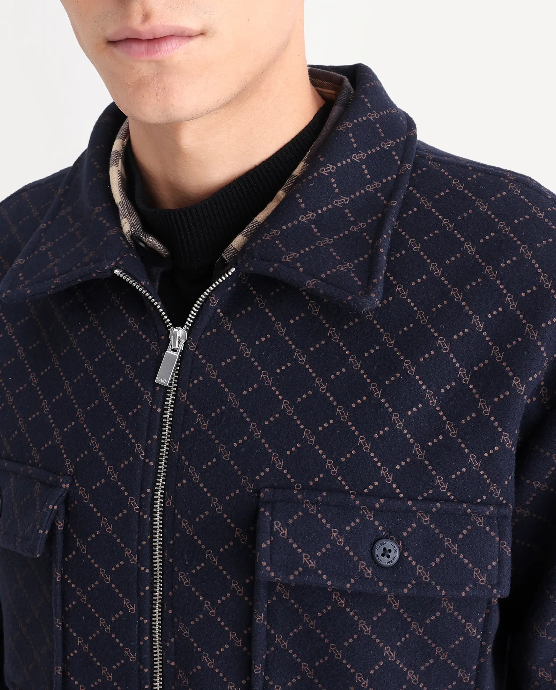Rare Rabbit Men's Lybro Navy Polyester Monogram Print Regular Fit Full Sleeve Spread Collar Jacket - Image 4