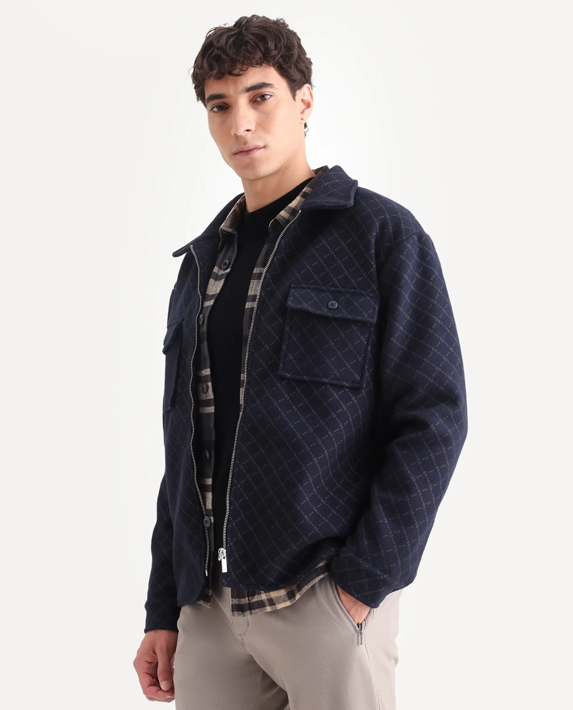Rare Rabbit Men's Lybro Navy Polyester Monogram Print Regular Fit Full Sleeve Spread Collar Jacket - Image 5