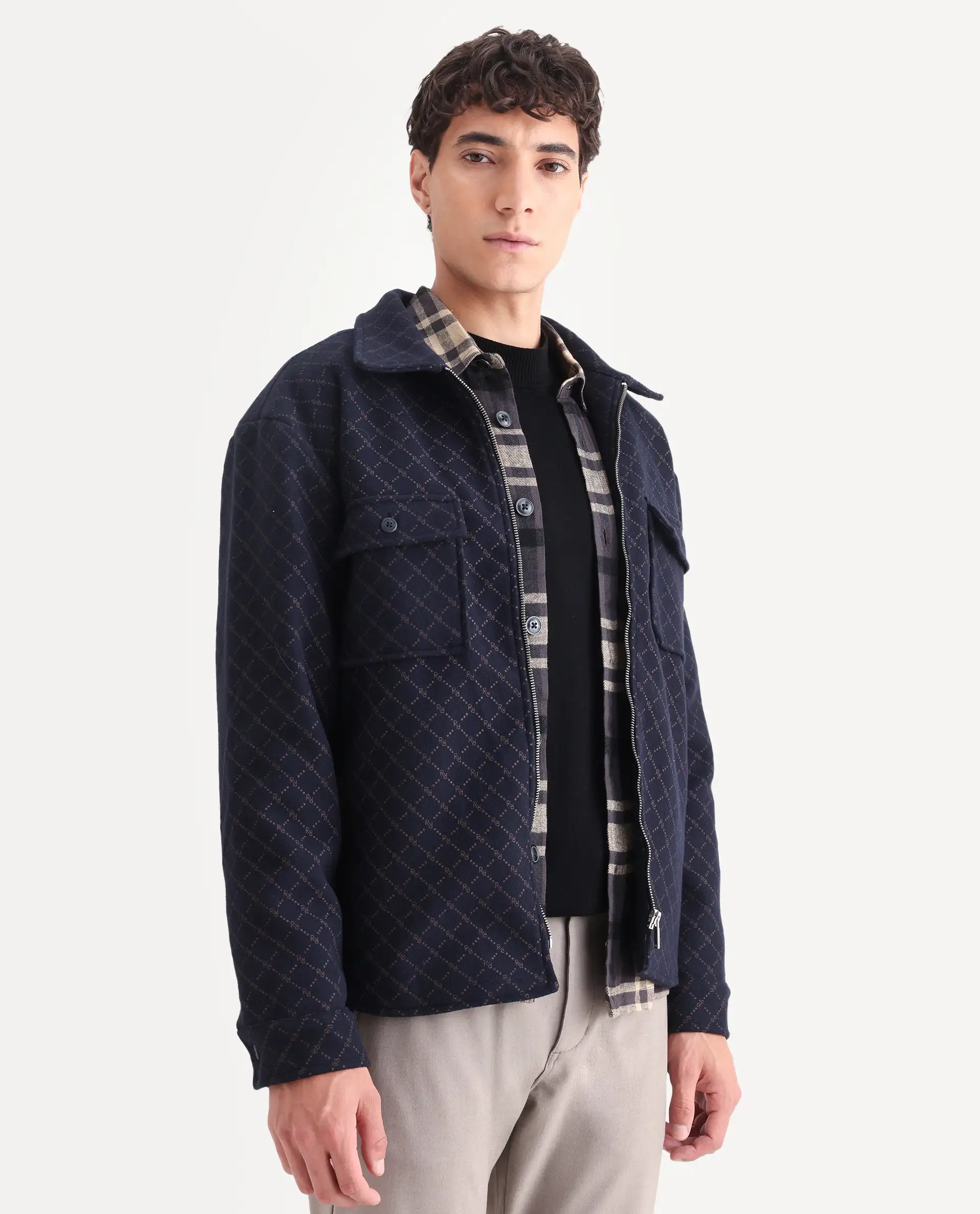 Rare Rabbit Men's Lybro Navy Polyester Monogram Print Regular Fit Full Sleeve Spread Collar Jacket - Image 6