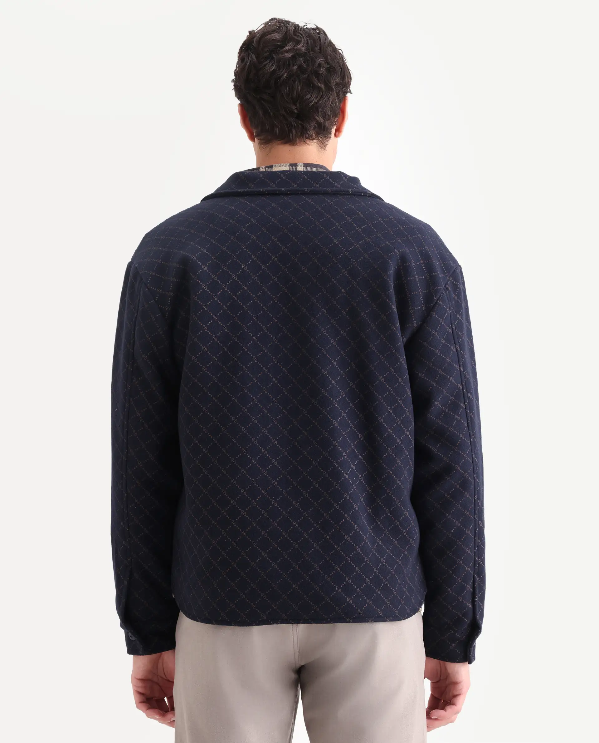 Rare Rabbit Men's Lybro Navy Polyester Monogram Print Regular Fit Full Sleeve Spread Collar Jacket - Image 7
