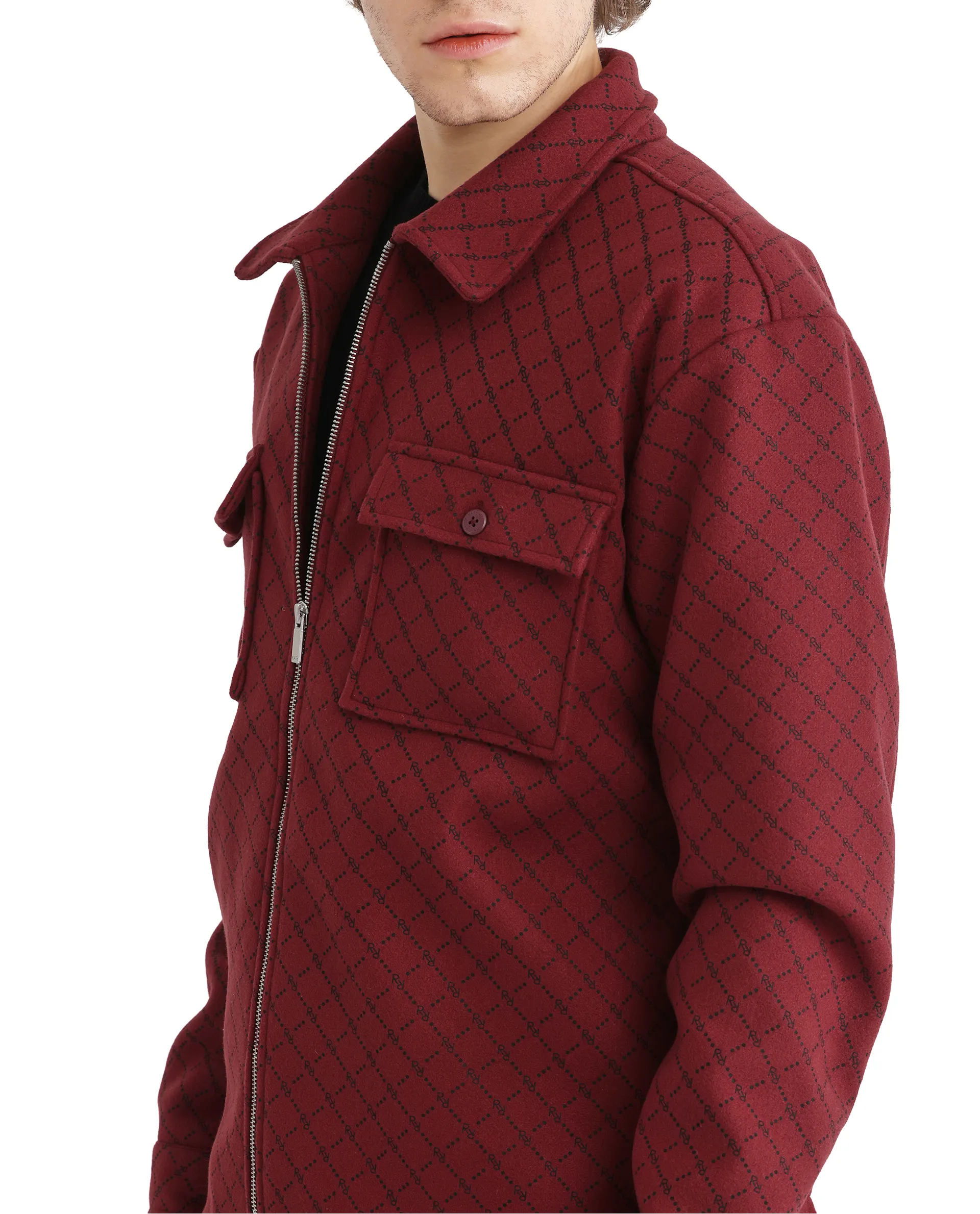 Rare Rabbit Men's Lybro Red Polyester Monogram Print Regular Fit Full Sleeve Spread Collar Jacket - Image 4