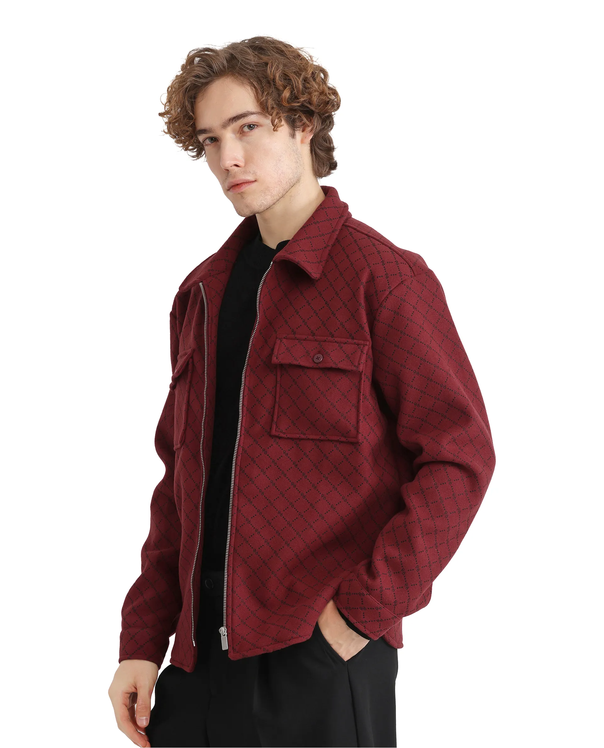 Rare Rabbit Men's Lybro Red Polyester Monogram Print Regular Fit Full Sleeve Spread Collar Jacket - Image 7