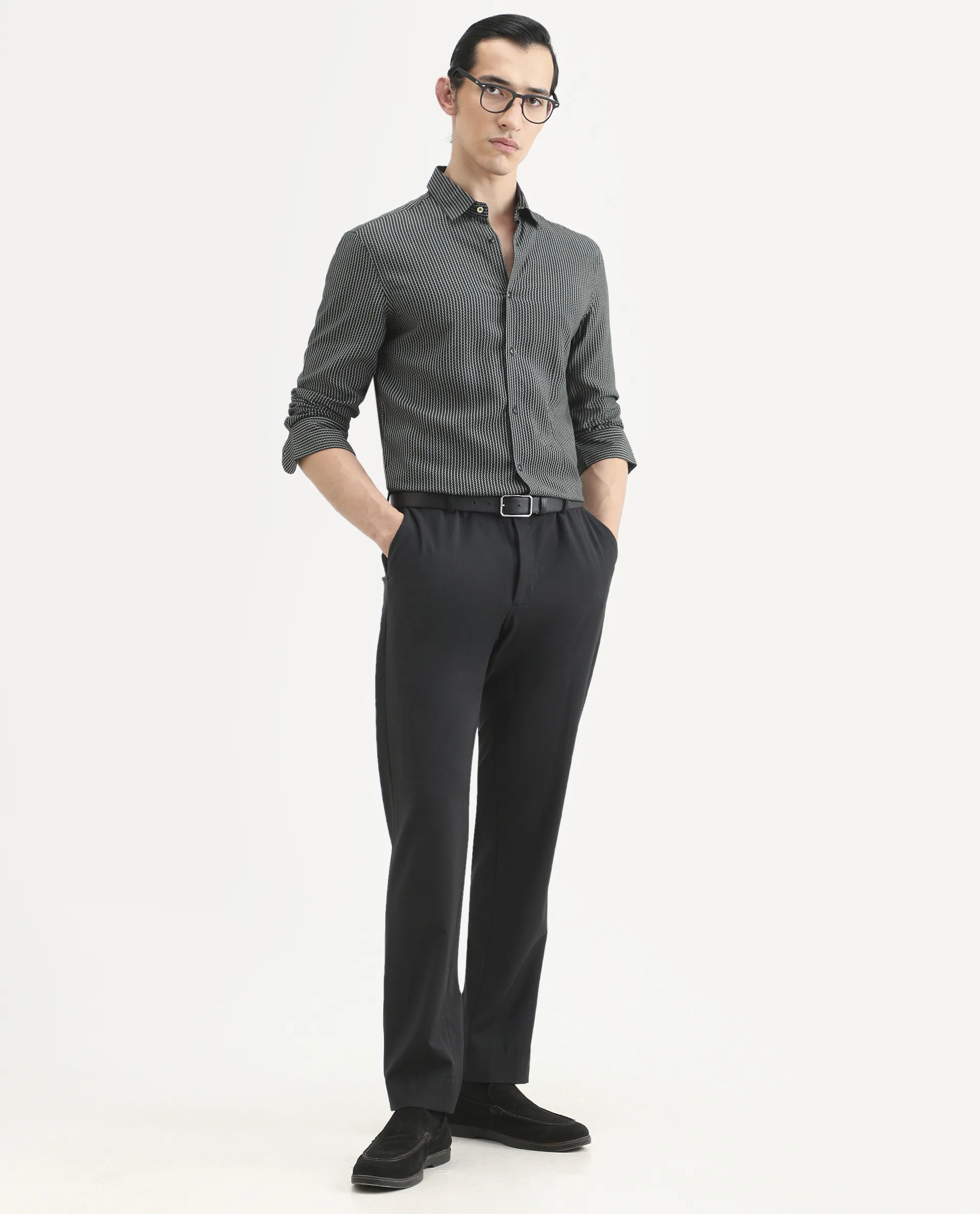 Rare Rabbit Men's Lyca Black Viscose Fabric Full Sleeve Collared Neck Geometric Print Shirt - Image 2