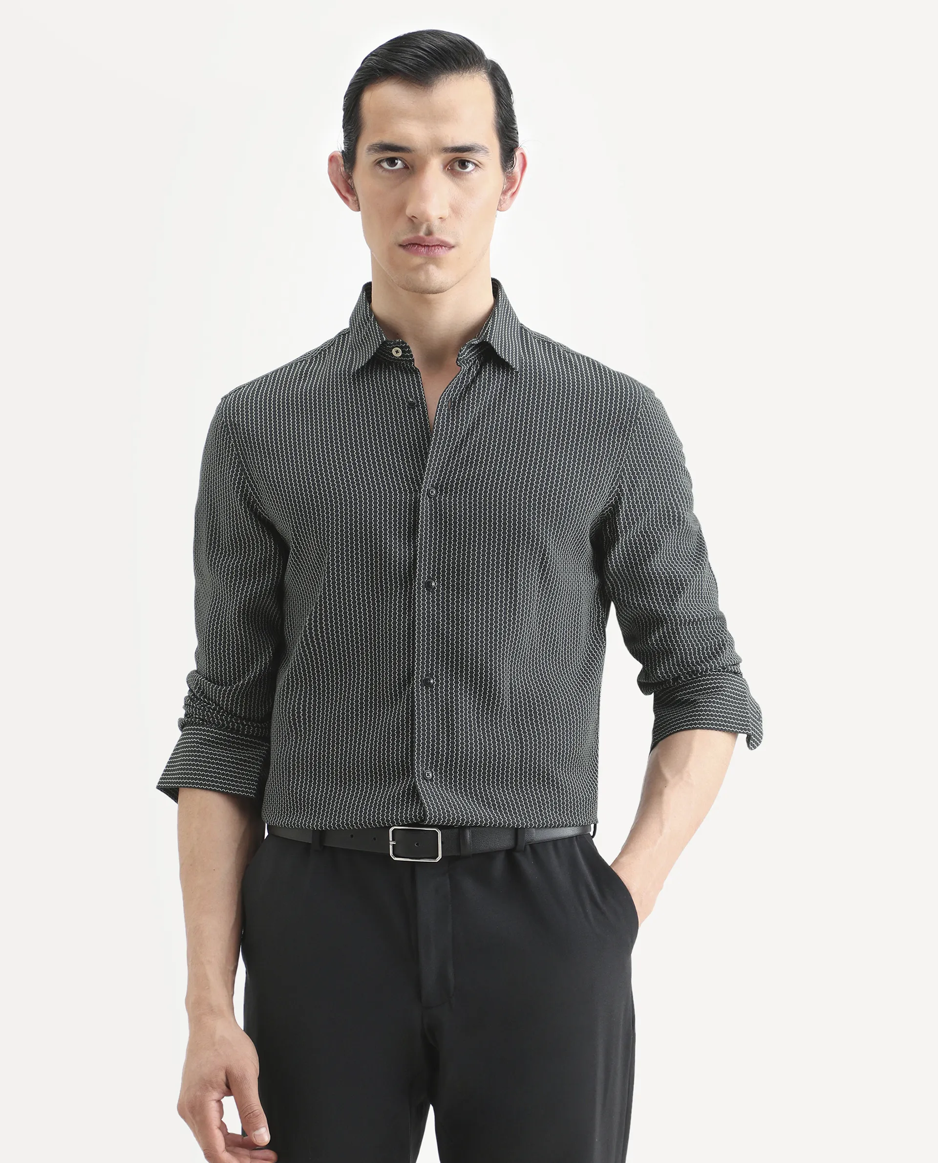 Rare Rabbit Men's Lyca Black Viscose Fabric Full Sleeve Collared Neck Geometric Print Shirt - Image 3