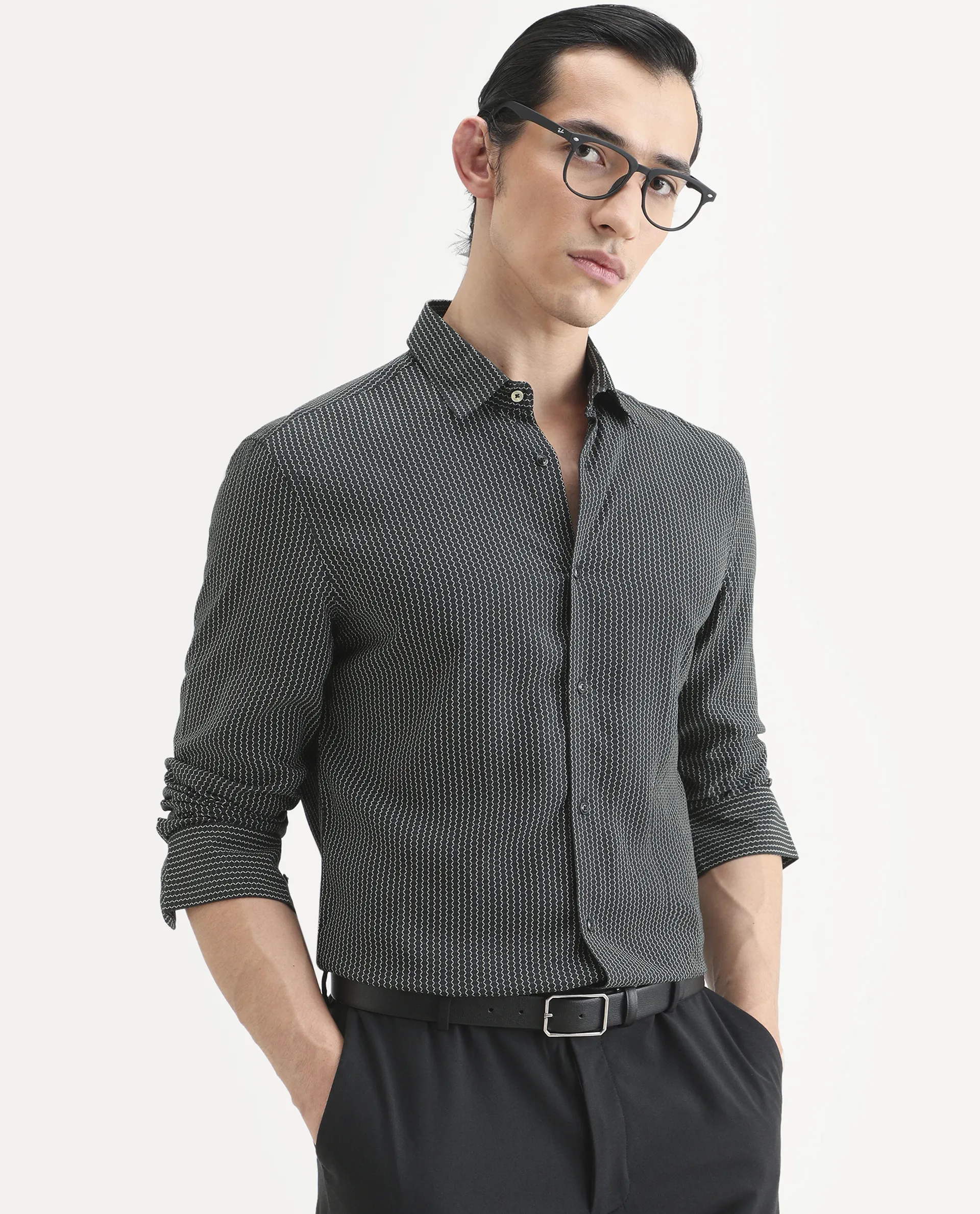 Rare Rabbit Men's Lyca Black Viscose Fabric Full Sleeve Collared Neck Geometric Print Shirt - Image 4
