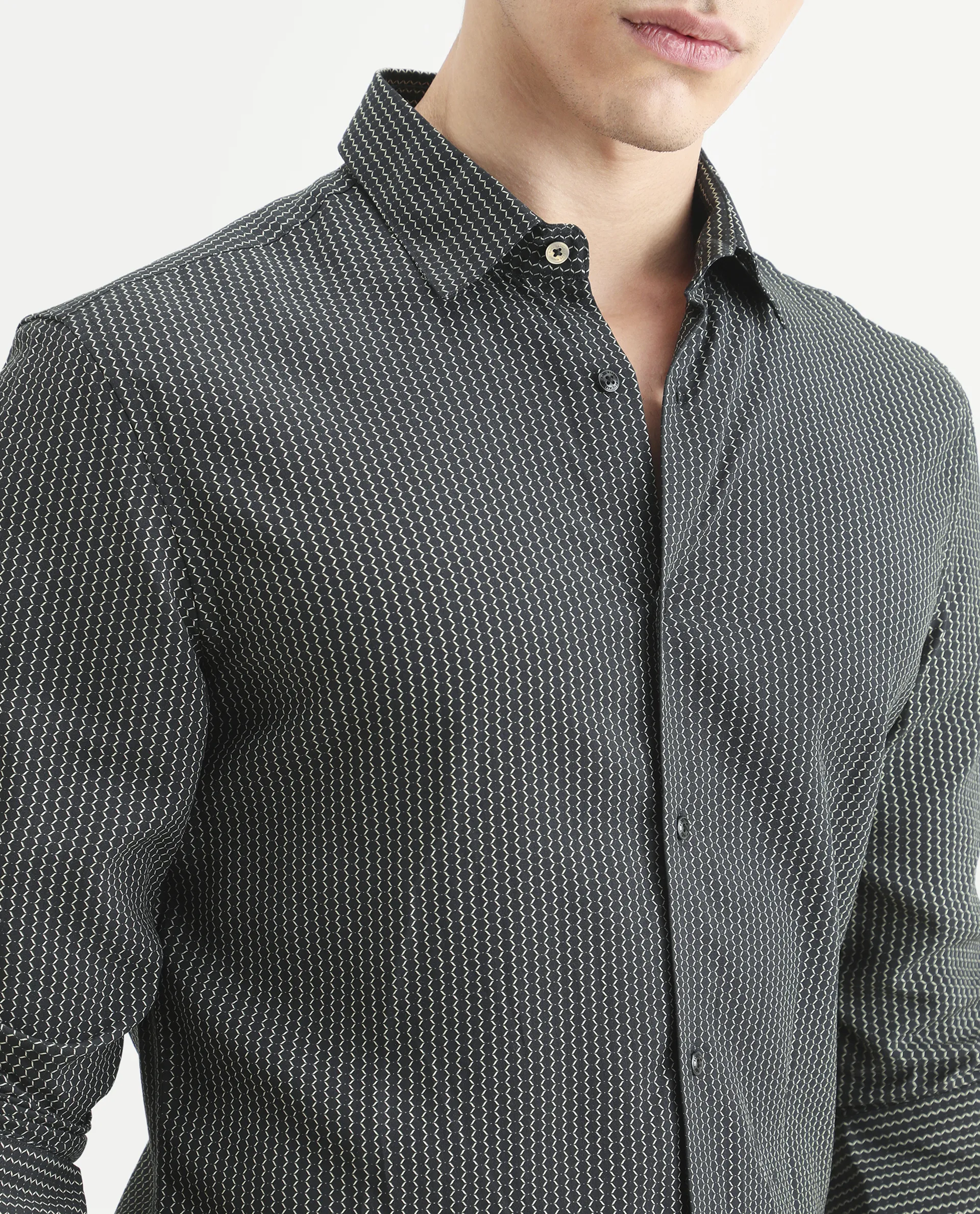 Rare Rabbit Men's Lyca Black Viscose Fabric Full Sleeve Collared Neck Geometric Print Shirt - Image 5