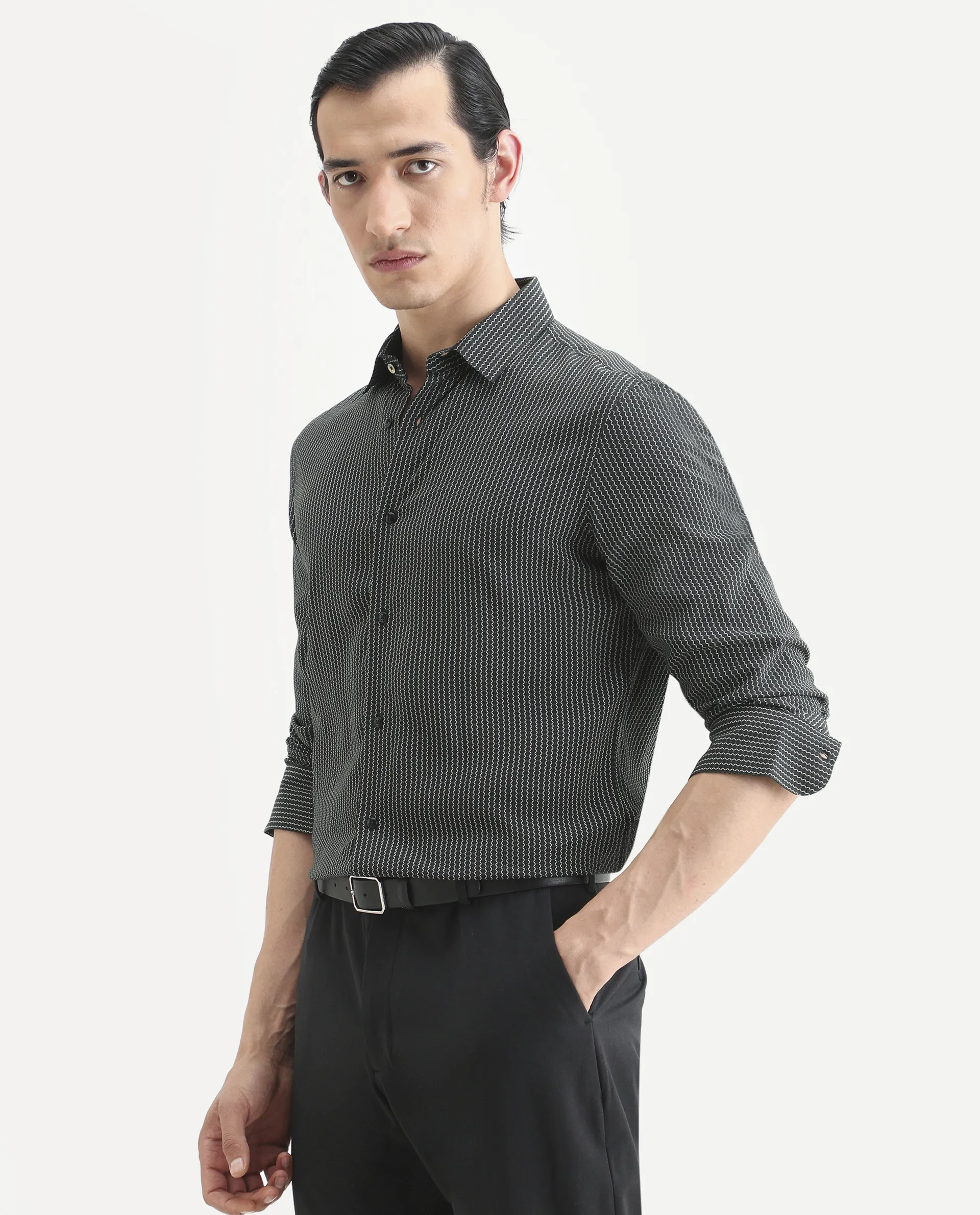 Rare Rabbit Men's Lyca Black Viscose Fabric Full Sleeve Collared Neck Geometric Print Shirt - Image 6