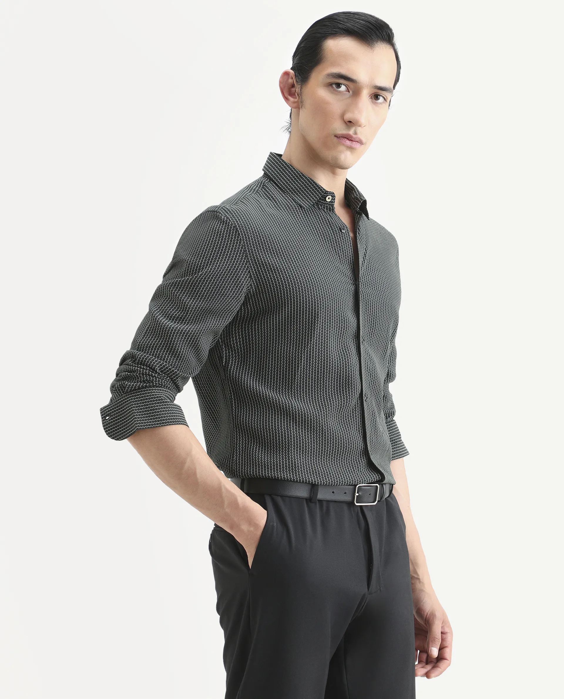 Rare Rabbit Men's Lyca Black Viscose Fabric Full Sleeve Collared Neck Geometric Print Shirt - Image 7