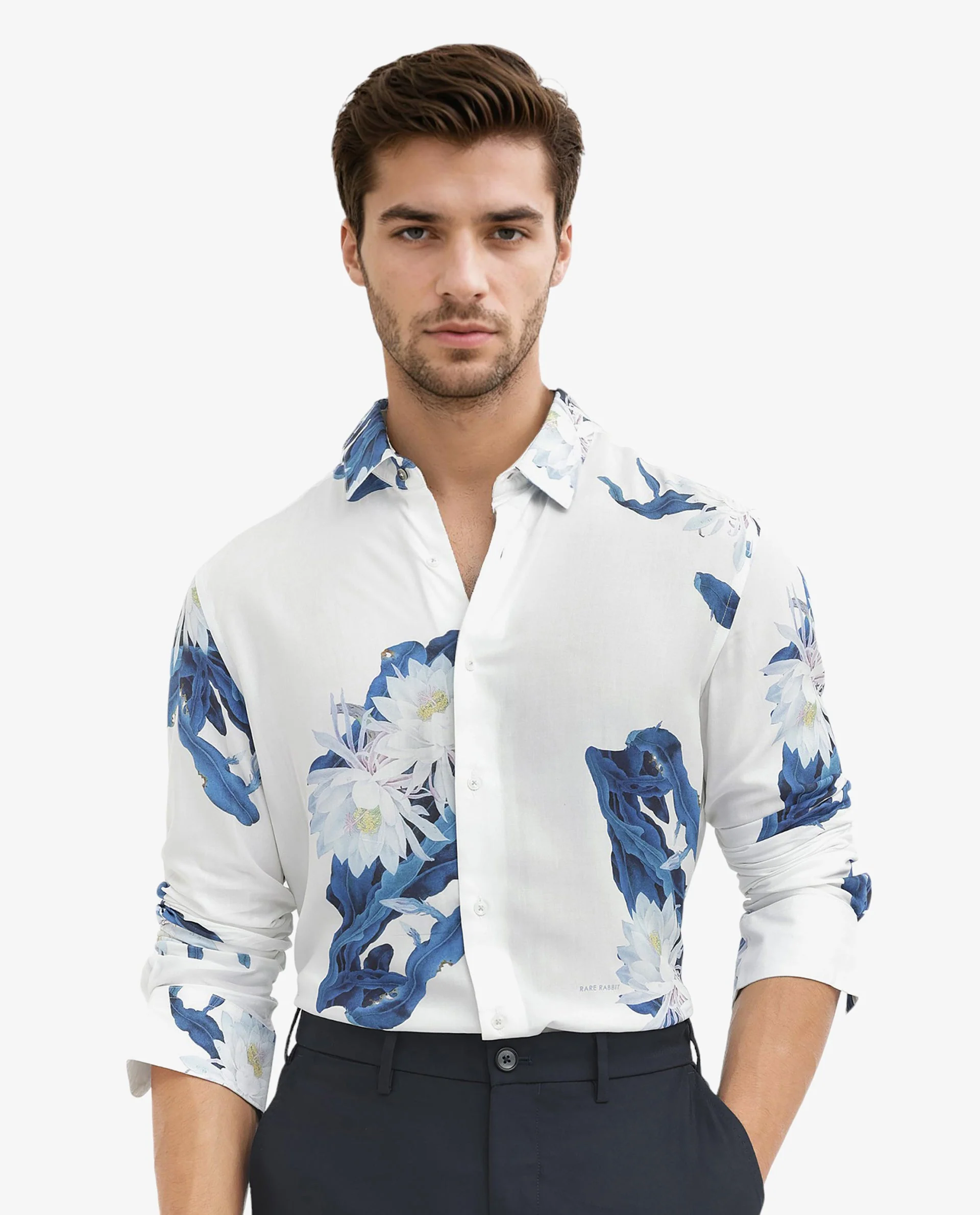 Rare Rabbit Men's Lycro White Viscose Floral Print Regular Fit Full Sleeve Collared Shirt