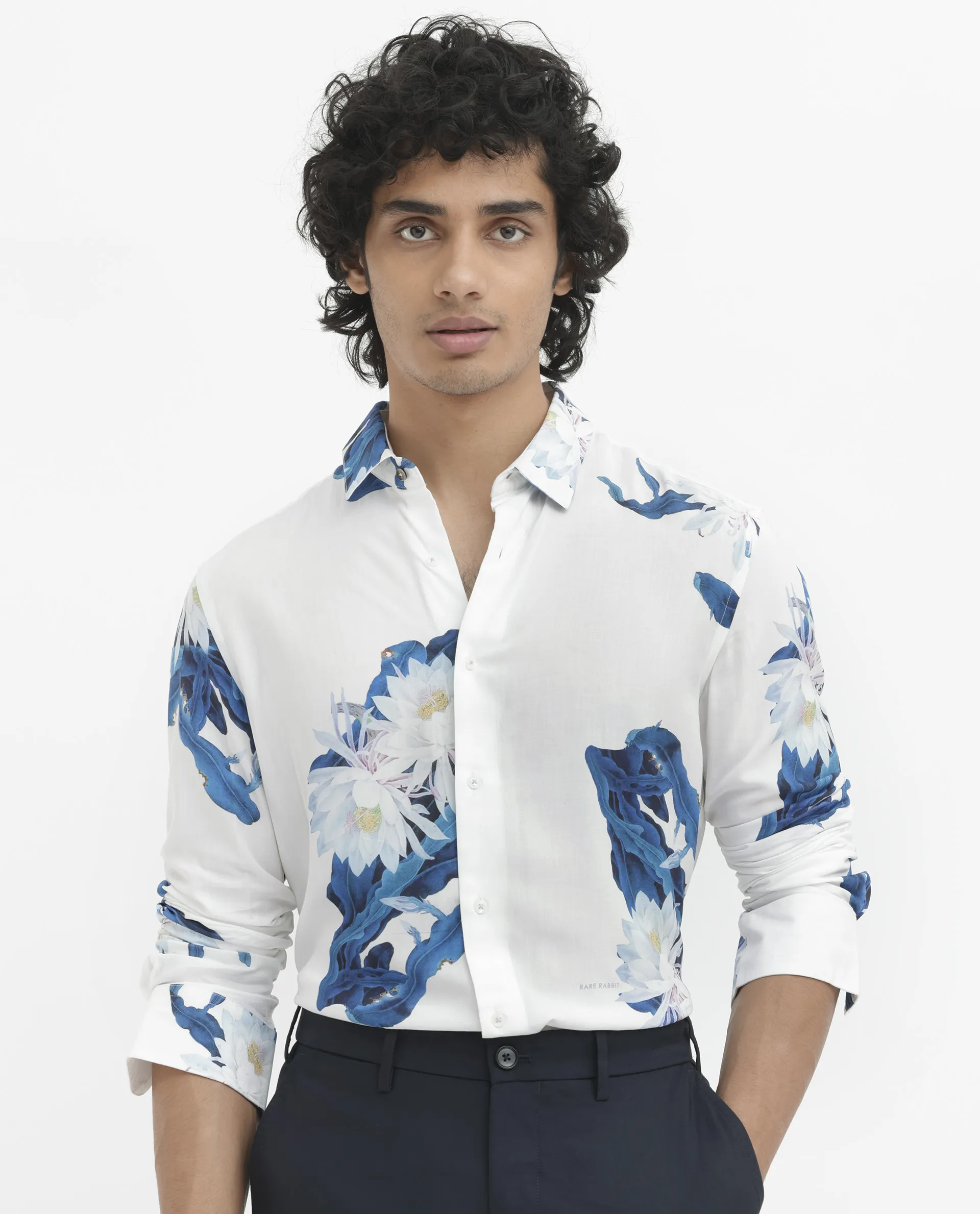 Rare Rabbit Men's Lycro White Viscose Floral Print Regular Fit Full Sleeve Collared Shirt - Image 7