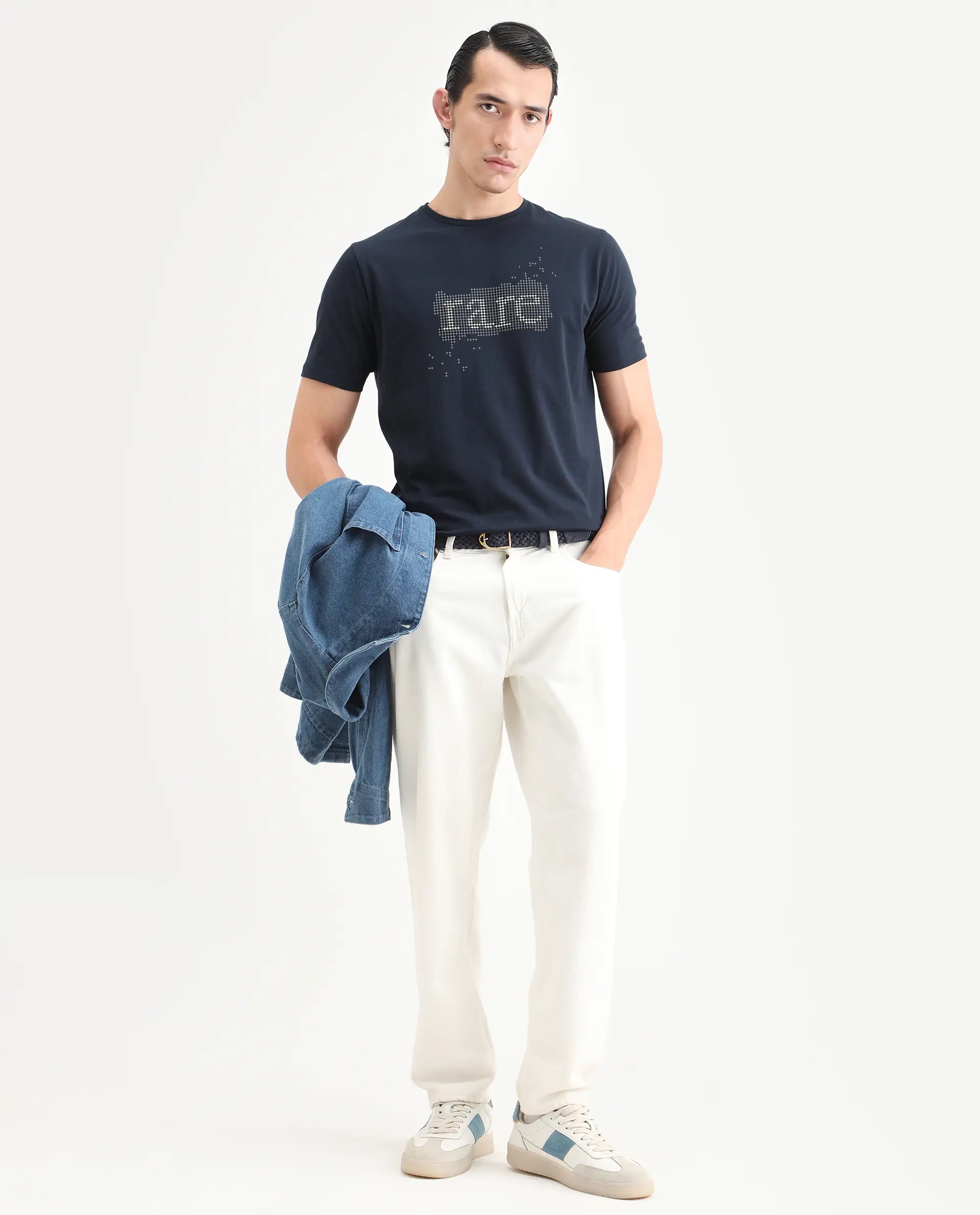 Rare Rabbit Men's Lyne Dark Navy Cotton Blend Fabric Half Sleeve Crew Neck Regular Fit Graphic Print T-Shirt - Image 2