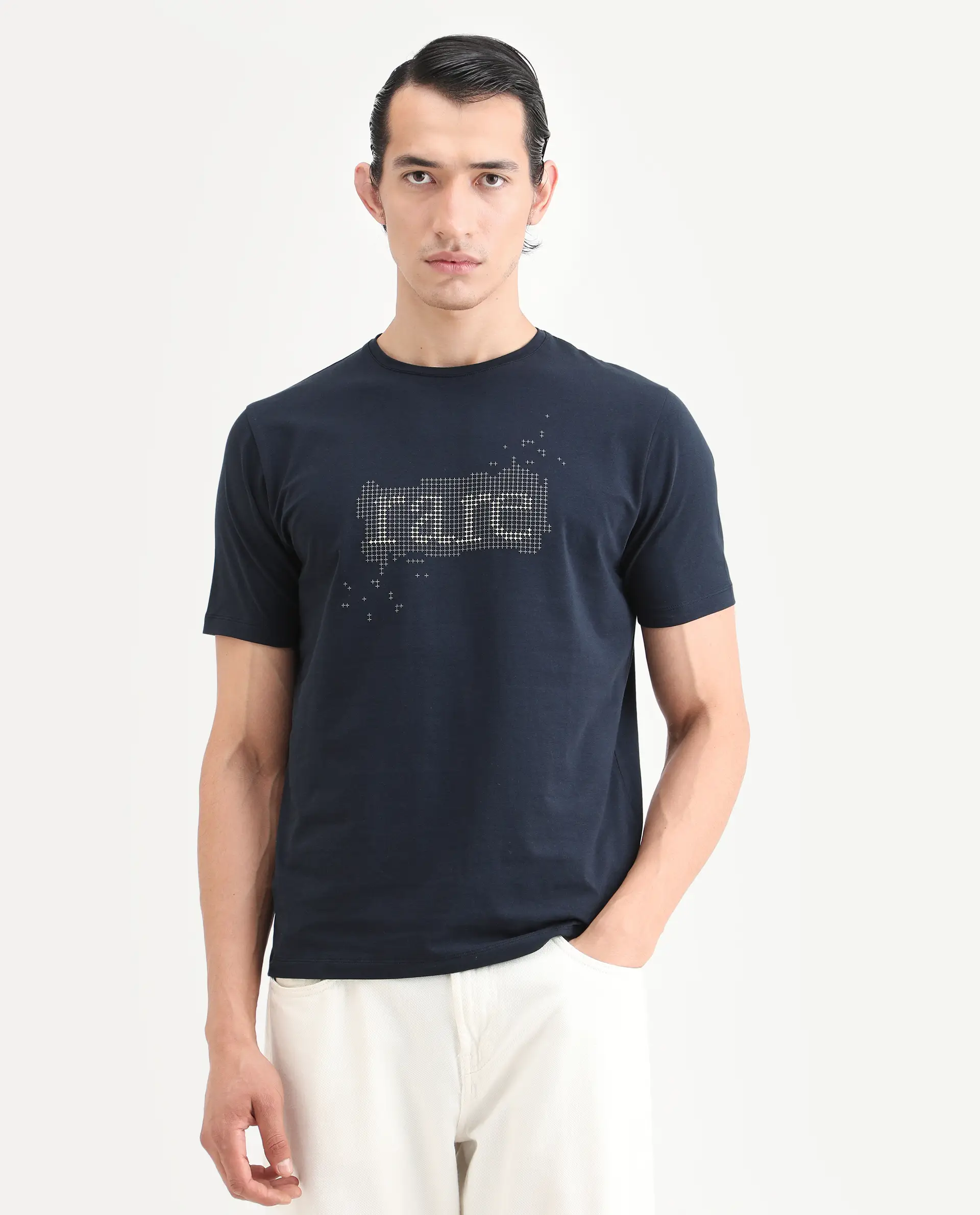 Rare Rabbit Men's Lyne Dark Navy Cotton Blend Fabric Half Sleeve Crew Neck Regular Fit Graphic Print T-Shirt - Image 4
