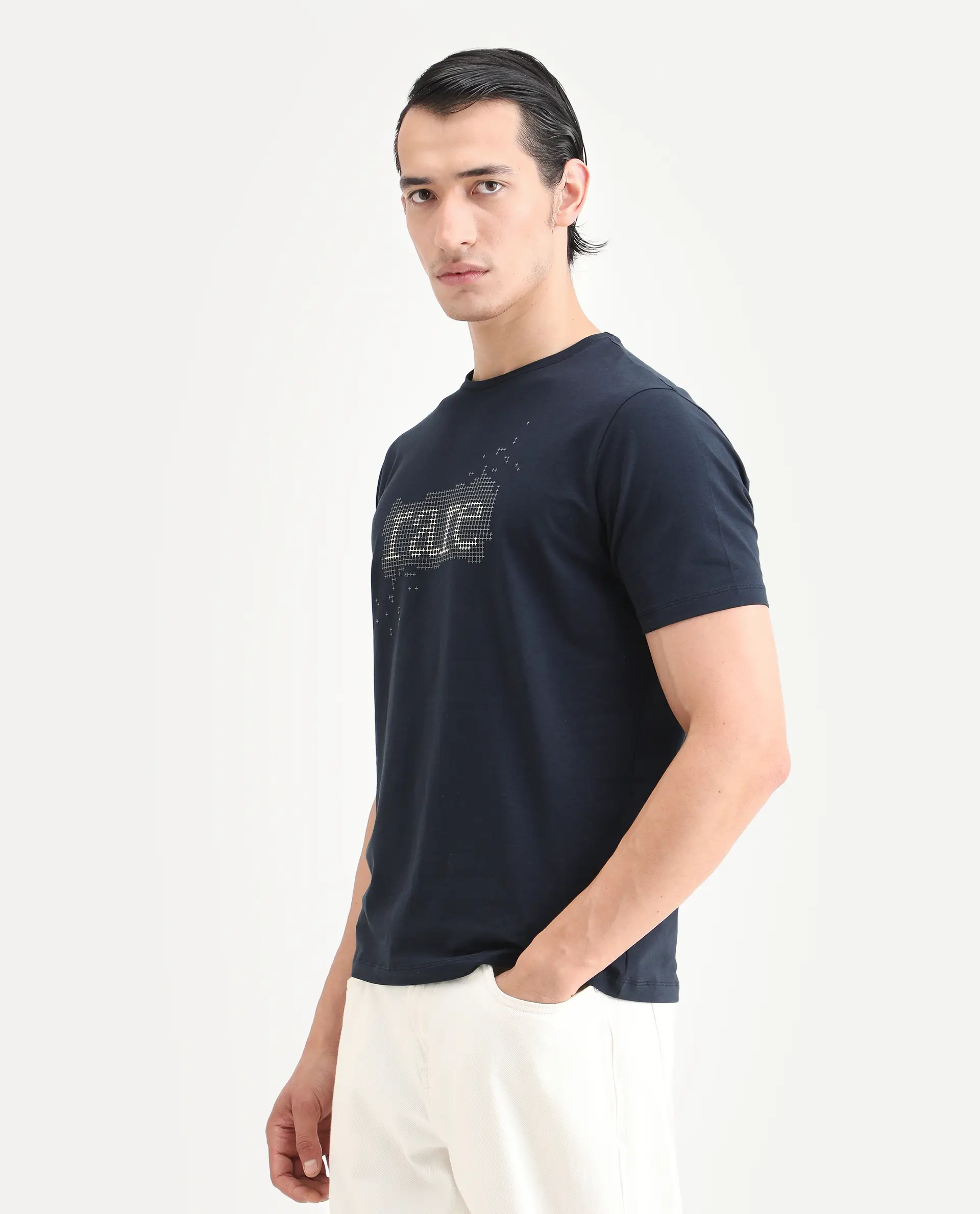 Rare Rabbit Men's Lyne Dark Navy Cotton Blend Fabric Half Sleeve Crew Neck Regular Fit Graphic Print T-Shirt - Image 5