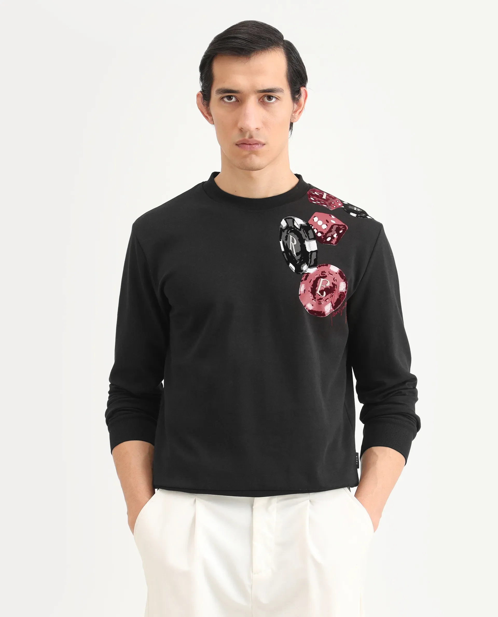 Rare Rabbit Men's Lyra Black Cotton Blend Graphic Print Regular Fit Full Sleeve Crew Neck Sweatshirt - Image 3