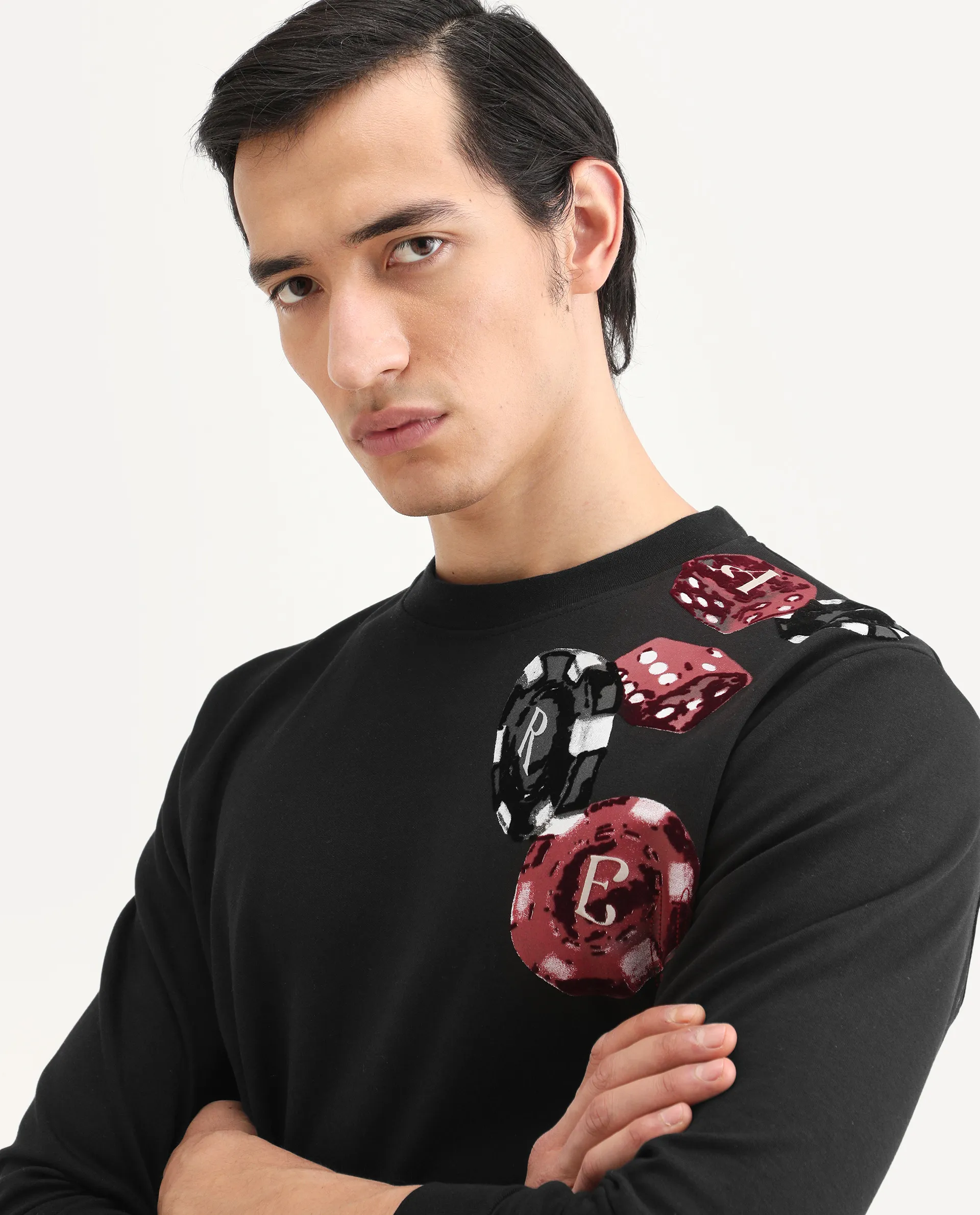 Rare Rabbit Men's Lyra Black Cotton Blend Graphic Print Regular Fit Full Sleeve Crew Neck Sweatshirt - Image 4