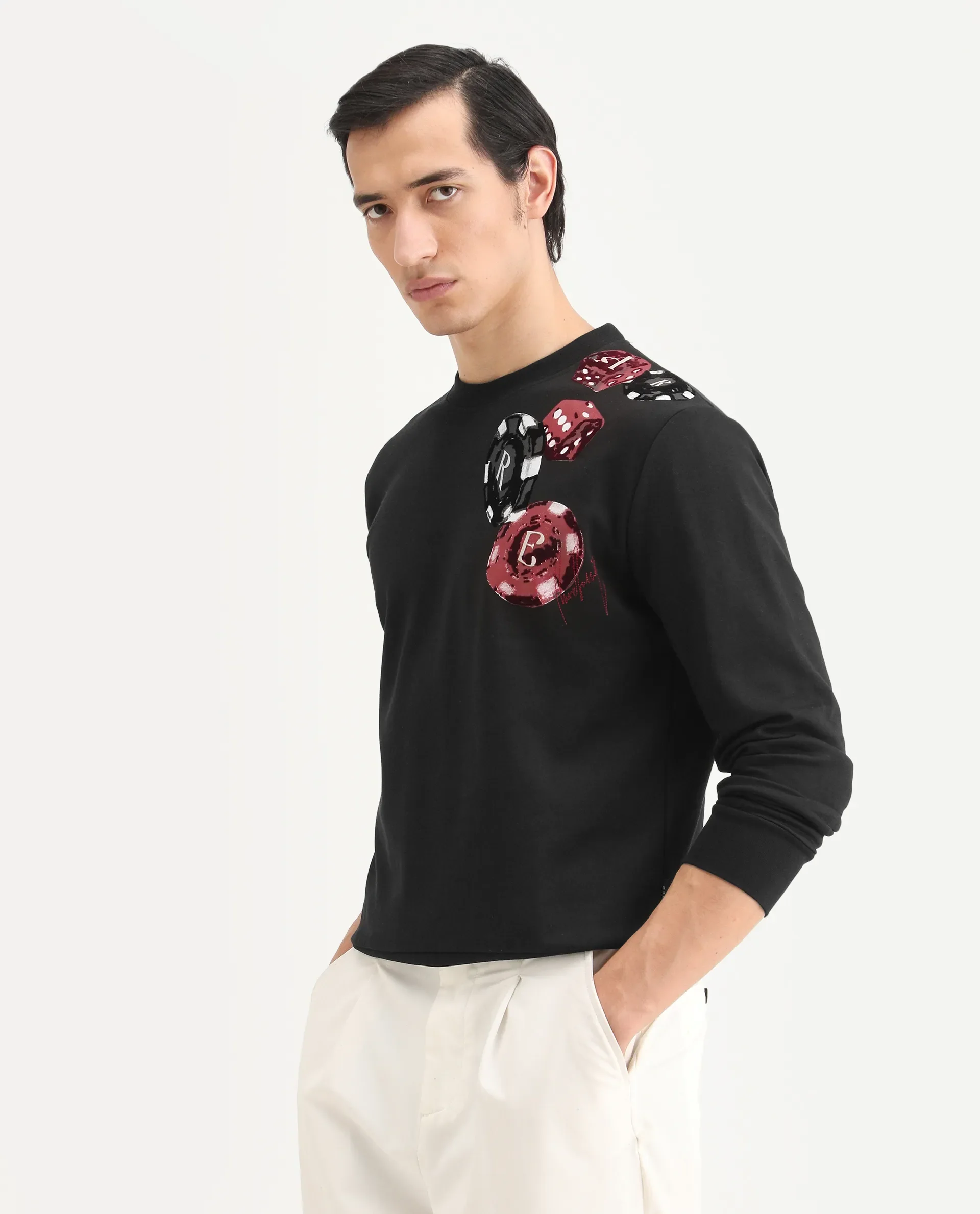 Rare Rabbit Men's Lyra Black Cotton Blend Graphic Print Regular Fit Full Sleeve Crew Neck Sweatshirt - Image 5