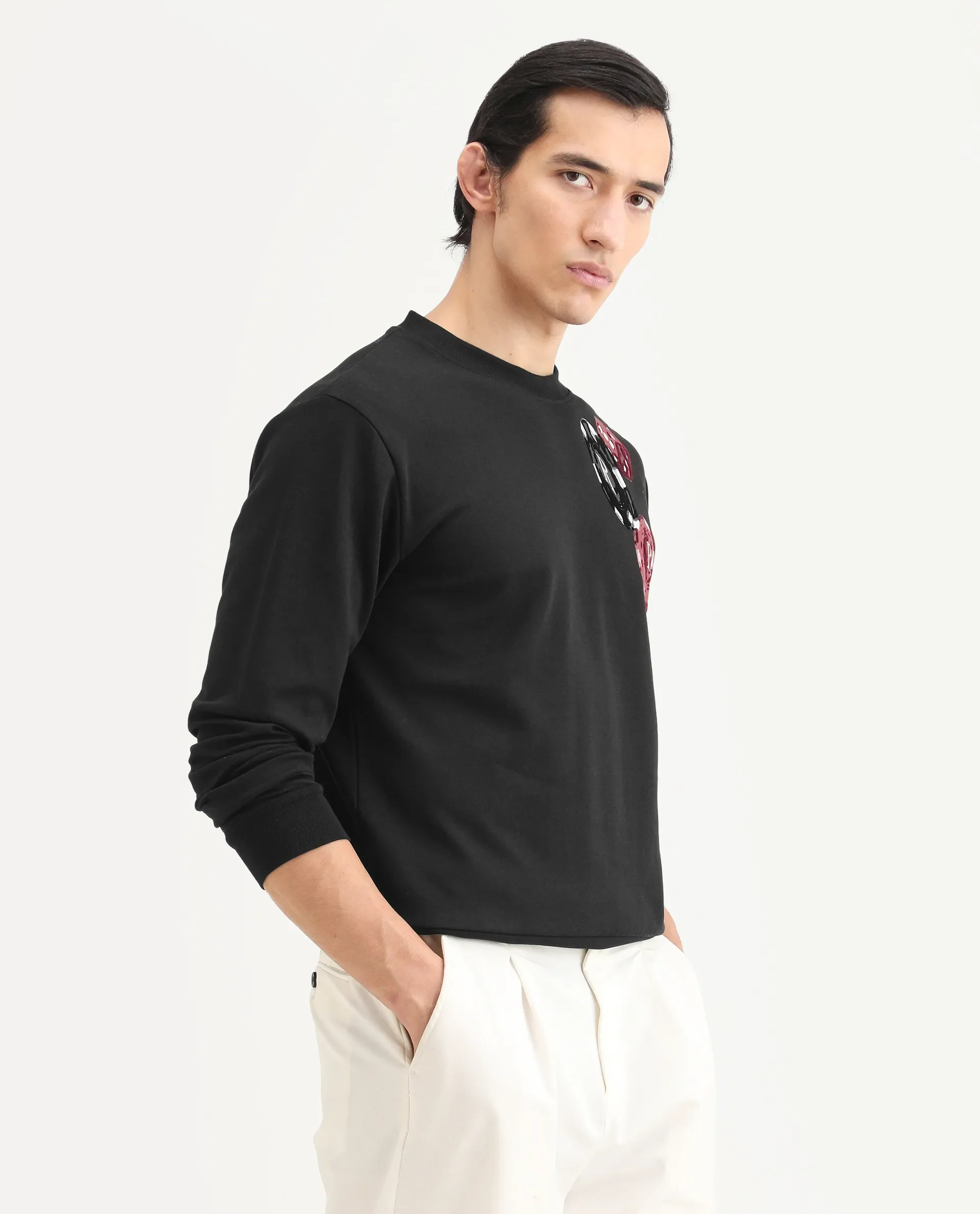 Rare Rabbit Men's Lyra Black Cotton Blend Graphic Print Regular Fit Full Sleeve Crew Neck Sweatshirt - Image 6