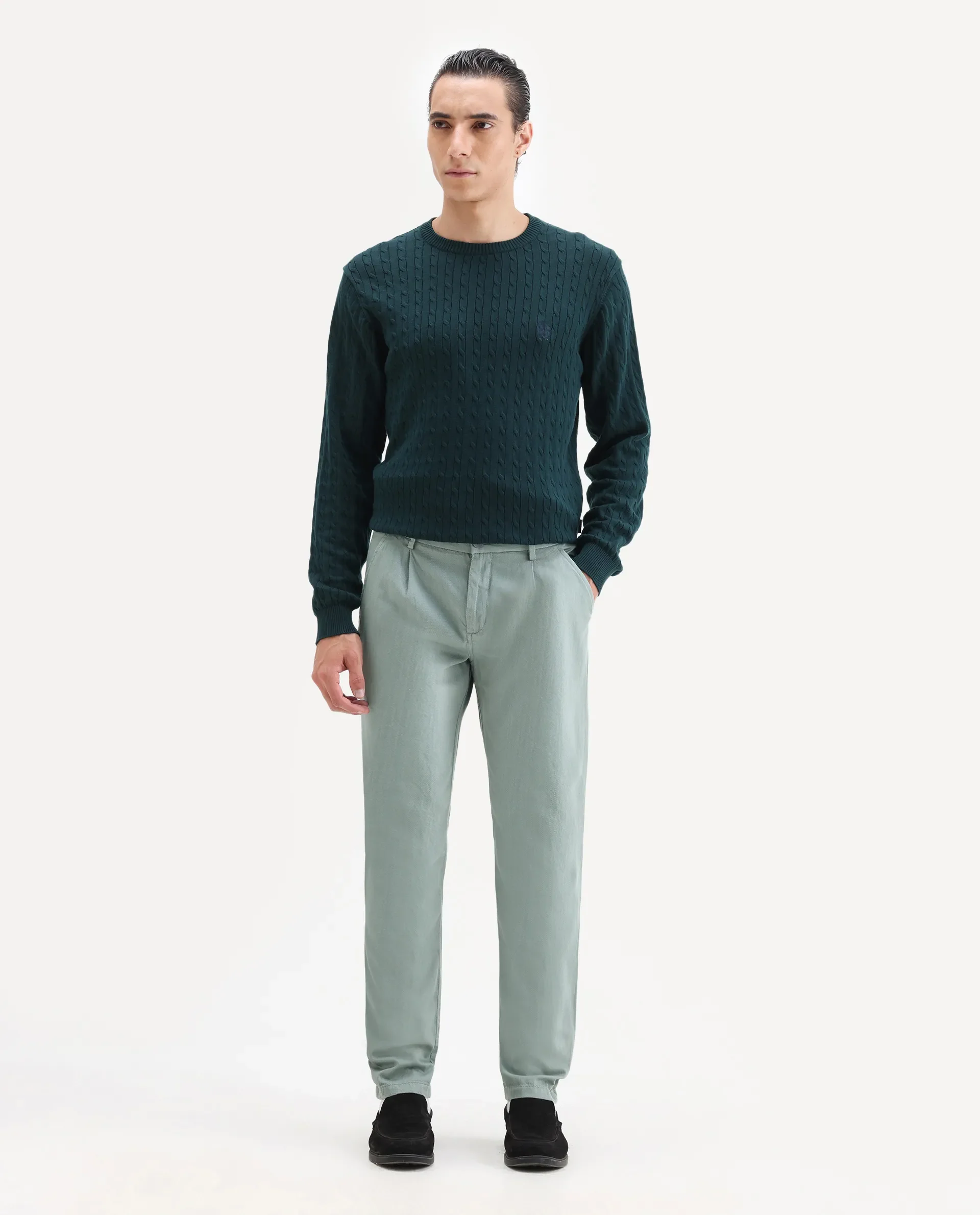 Rare Rabbit Men's Lyte Green Cotton Plain Regular Fit Trouser - Image 2