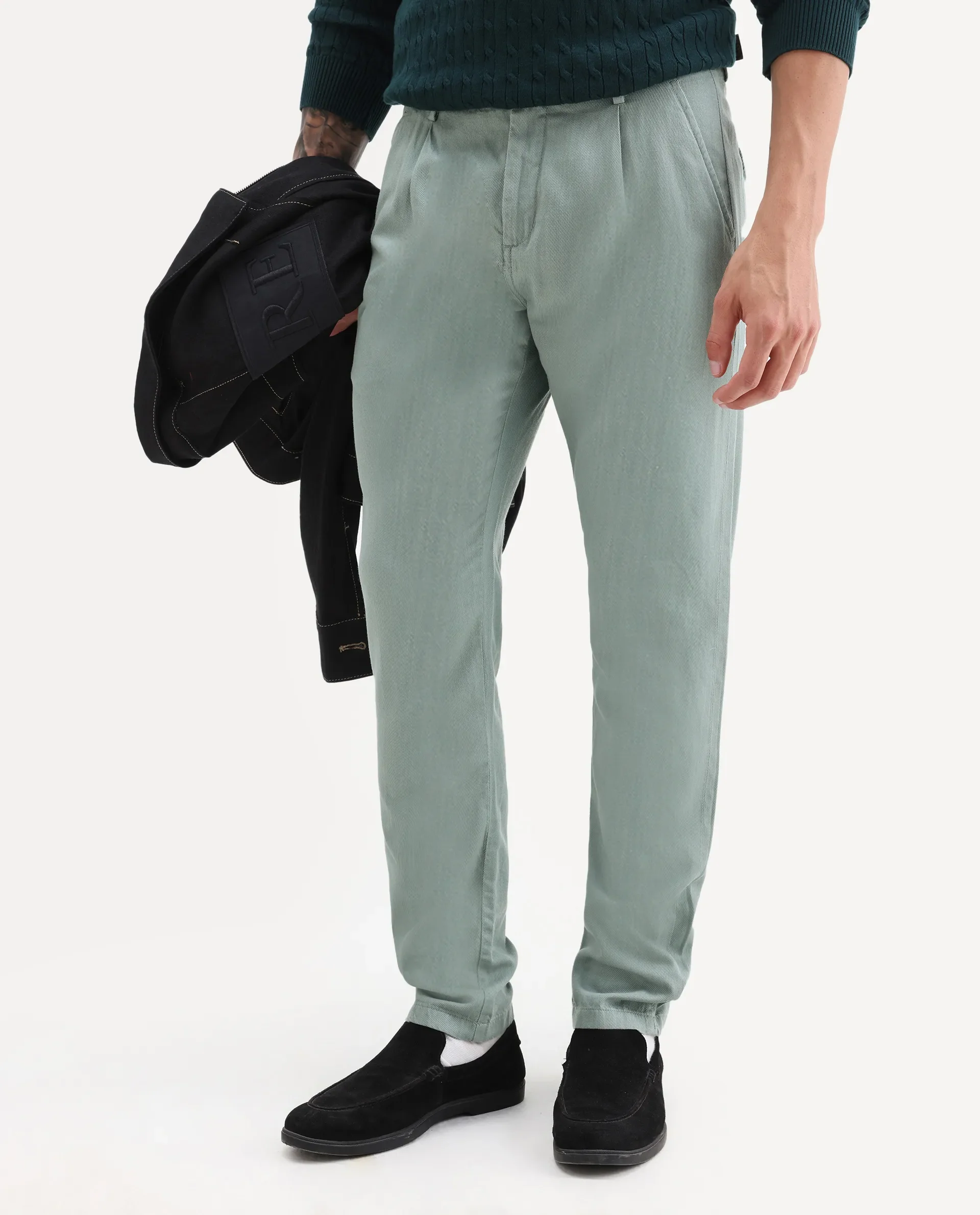 Rare Rabbit Men's Lyte Green Cotton Plain Regular Fit Trouser - Image 3