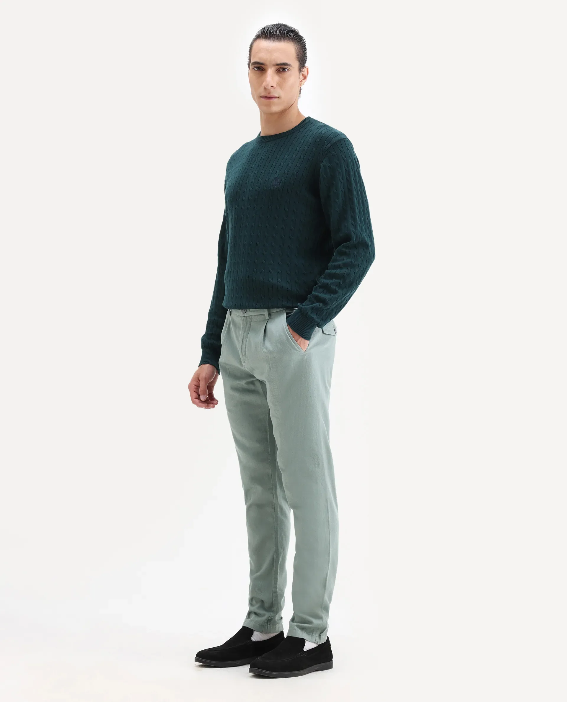 Rare Rabbit Men's Lyte Green Cotton Plain Regular Fit Trouser - Image 5