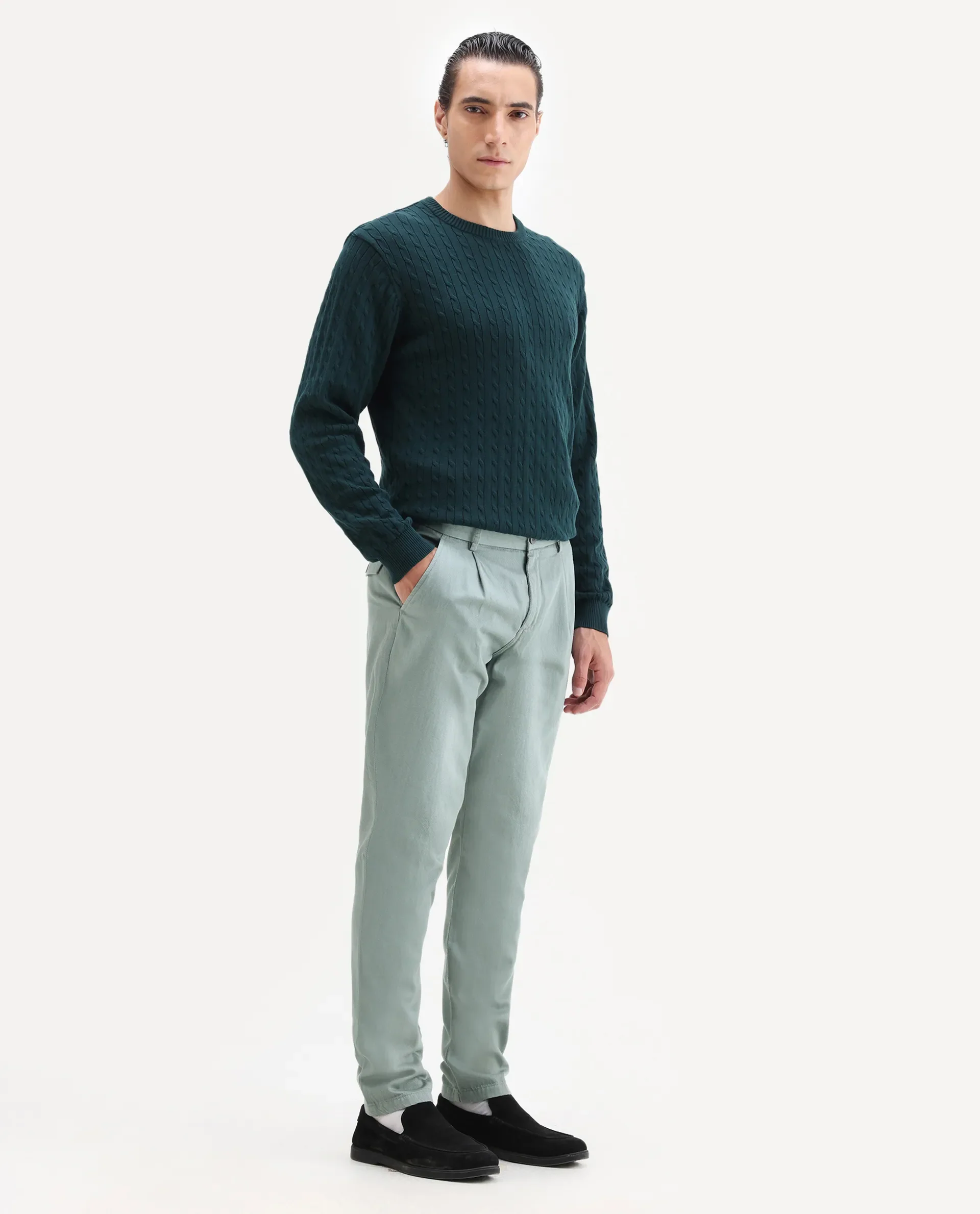 Rare Rabbit Men's Lyte Green Cotton Plain Regular Fit Trouser - Image 6