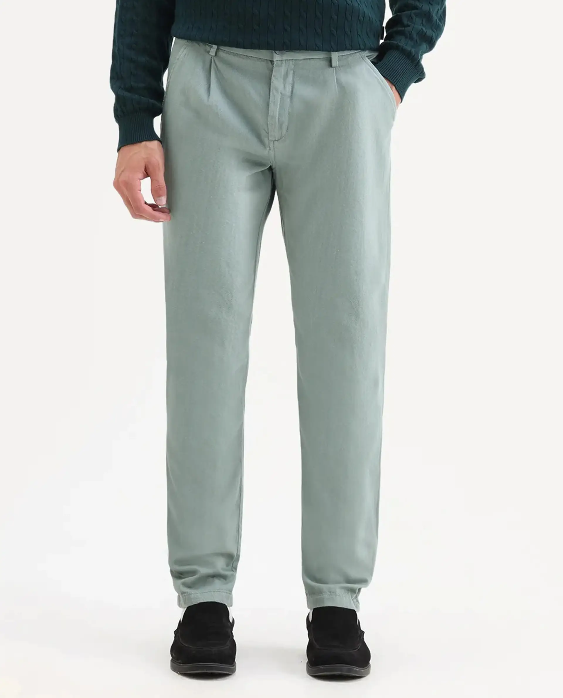 Rare Rabbit Men's Lyte Green Cotton Plain Regular Fit Trouser - Image 9