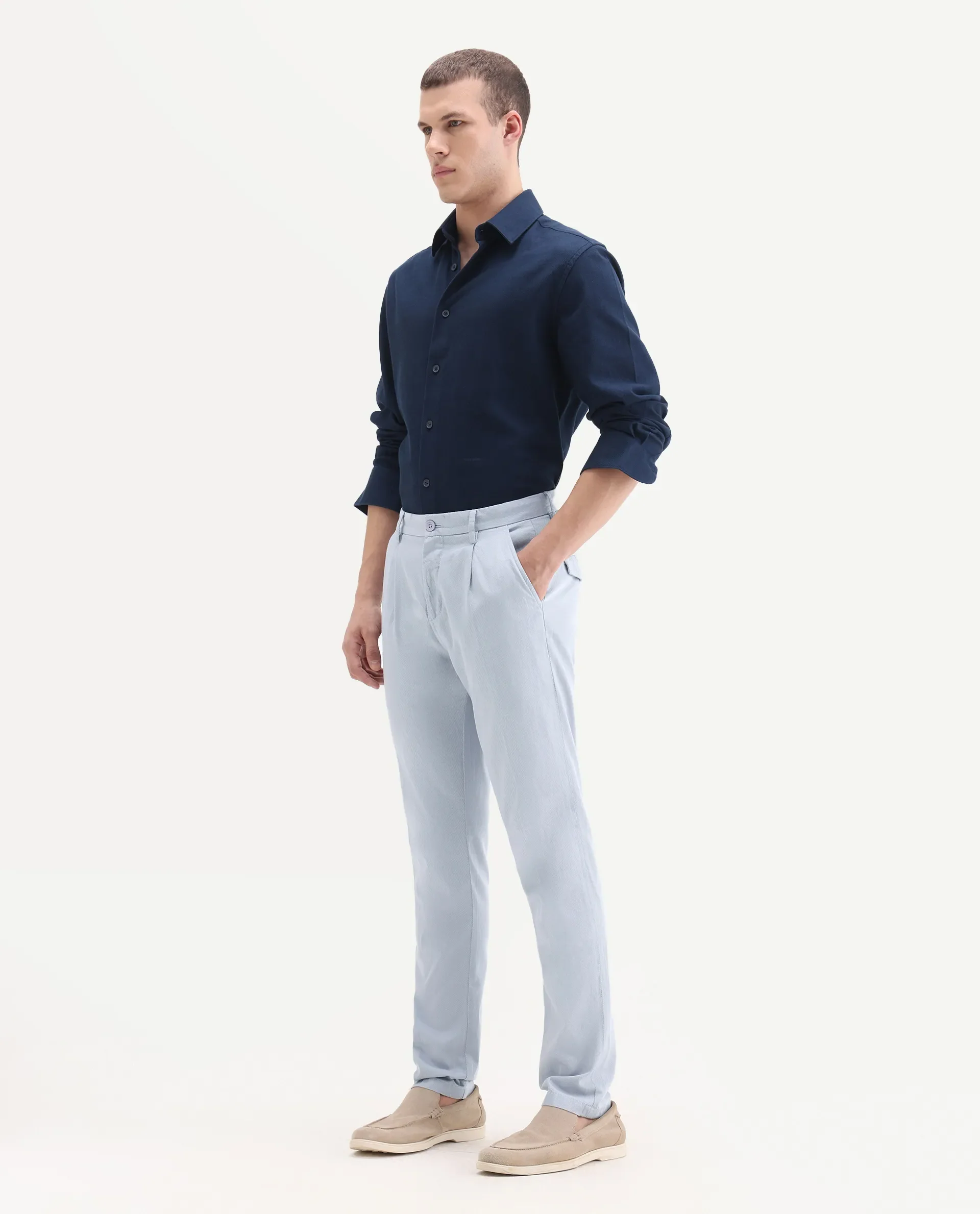 Rare Rabbit Men's Lyte Pastel Blue Cotton Plain Regular Fit Trouser - Image 4