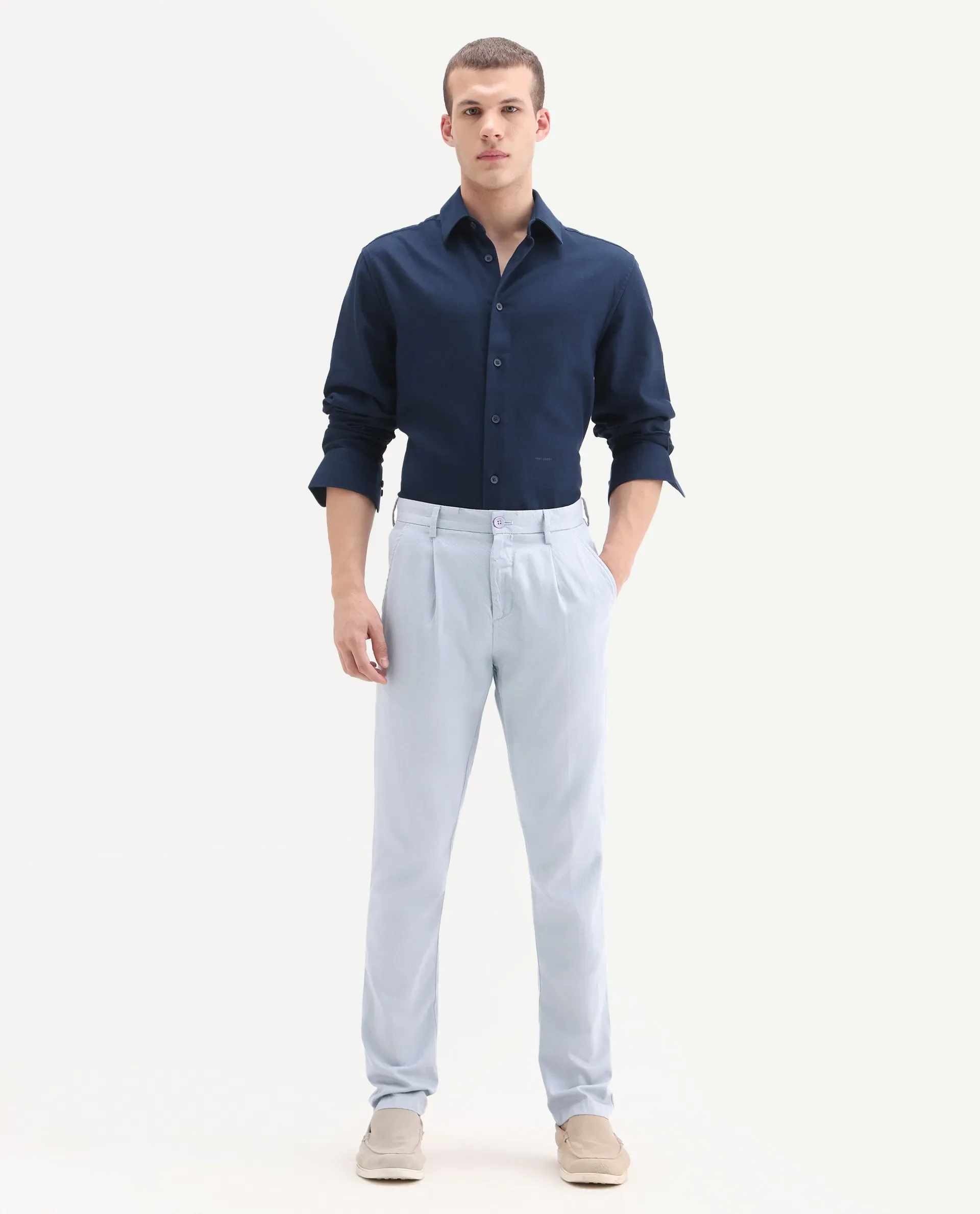 Rare Rabbit Men's Lyte Pastel Blue Cotton Plain Regular Fit Trouser - Image 6