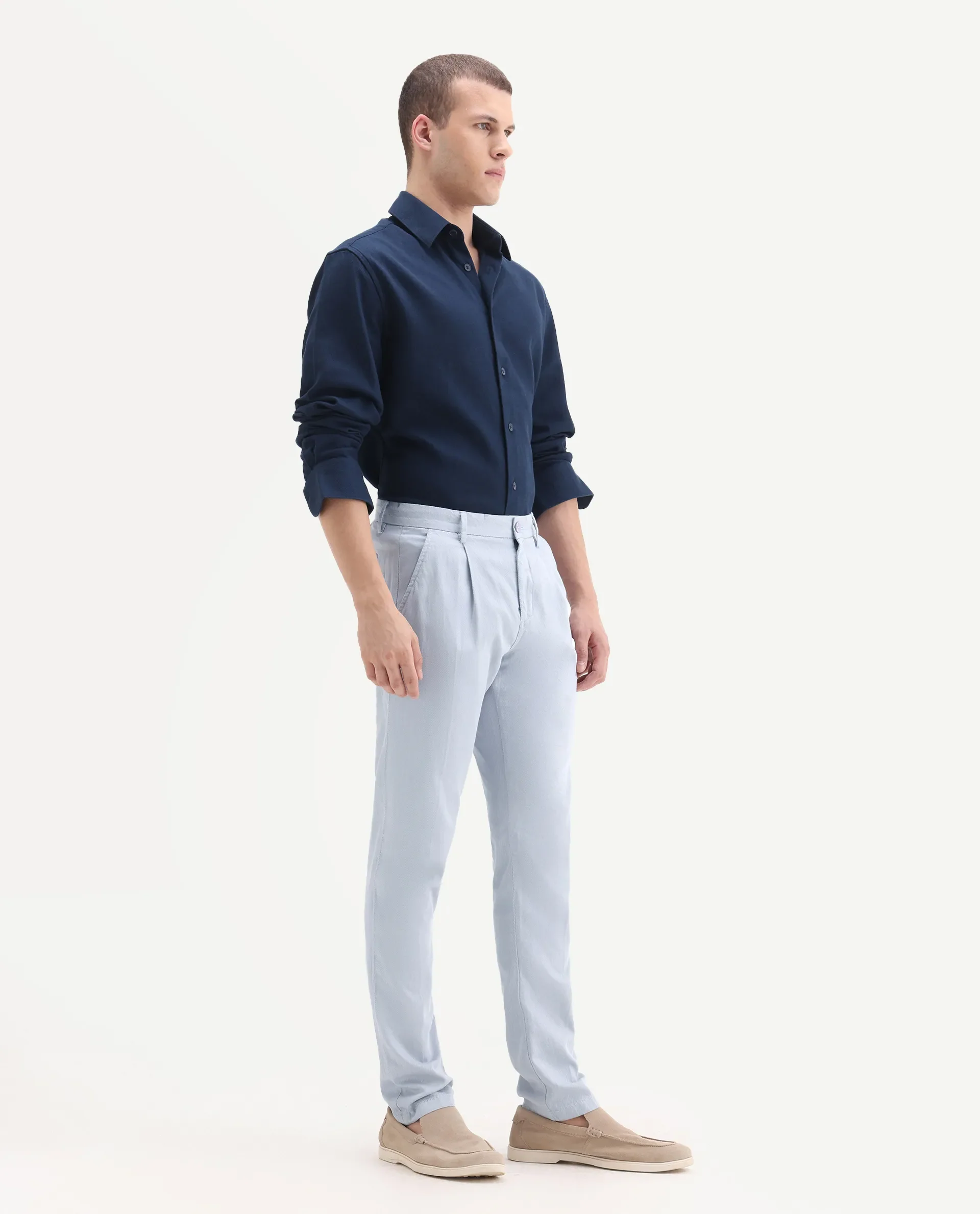 Rare Rabbit Men's Lyte Pastel Blue Cotton Plain Regular Fit Trouser - Image 7