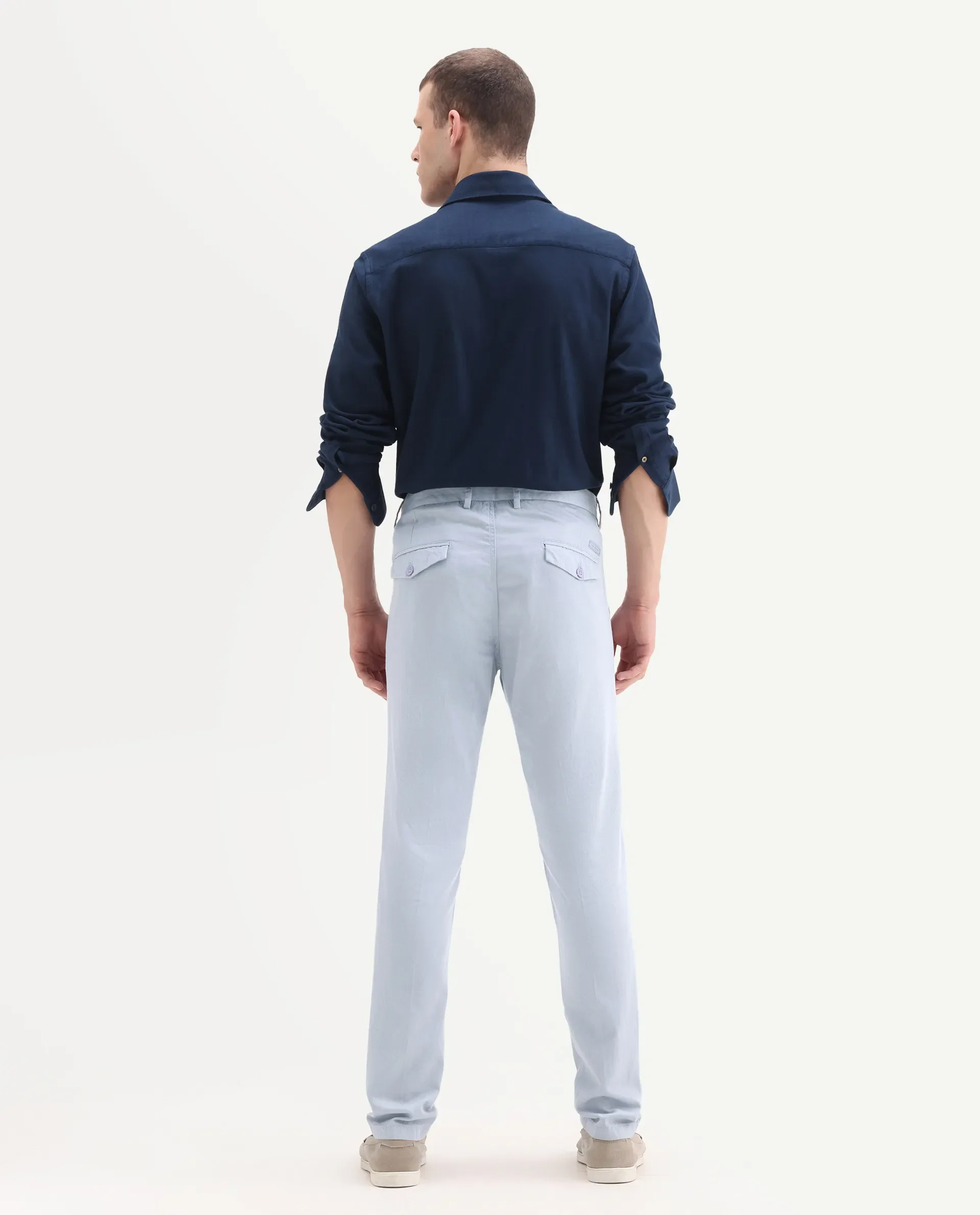 Rare Rabbit Men's Lyte Pastel Blue Cotton Plain Regular Fit Trouser - Image 8