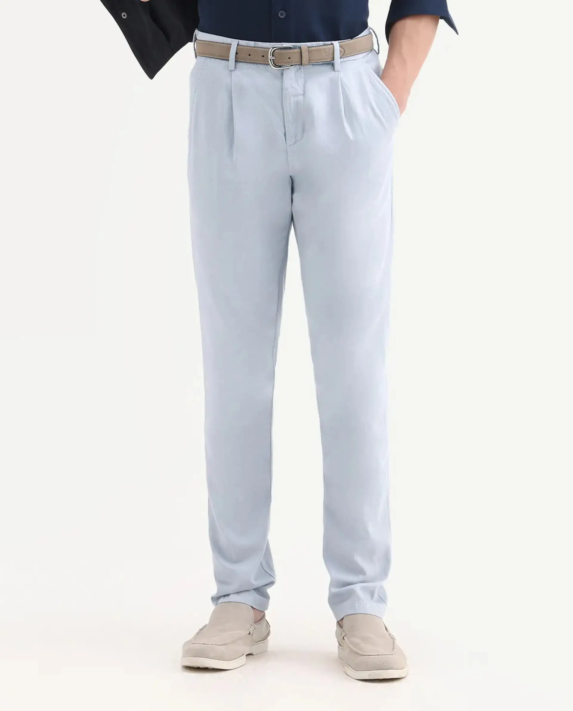 Rare Rabbit Men's Lyte Pastel Blue Cotton Plain Regular Fit Trouser - Image 9