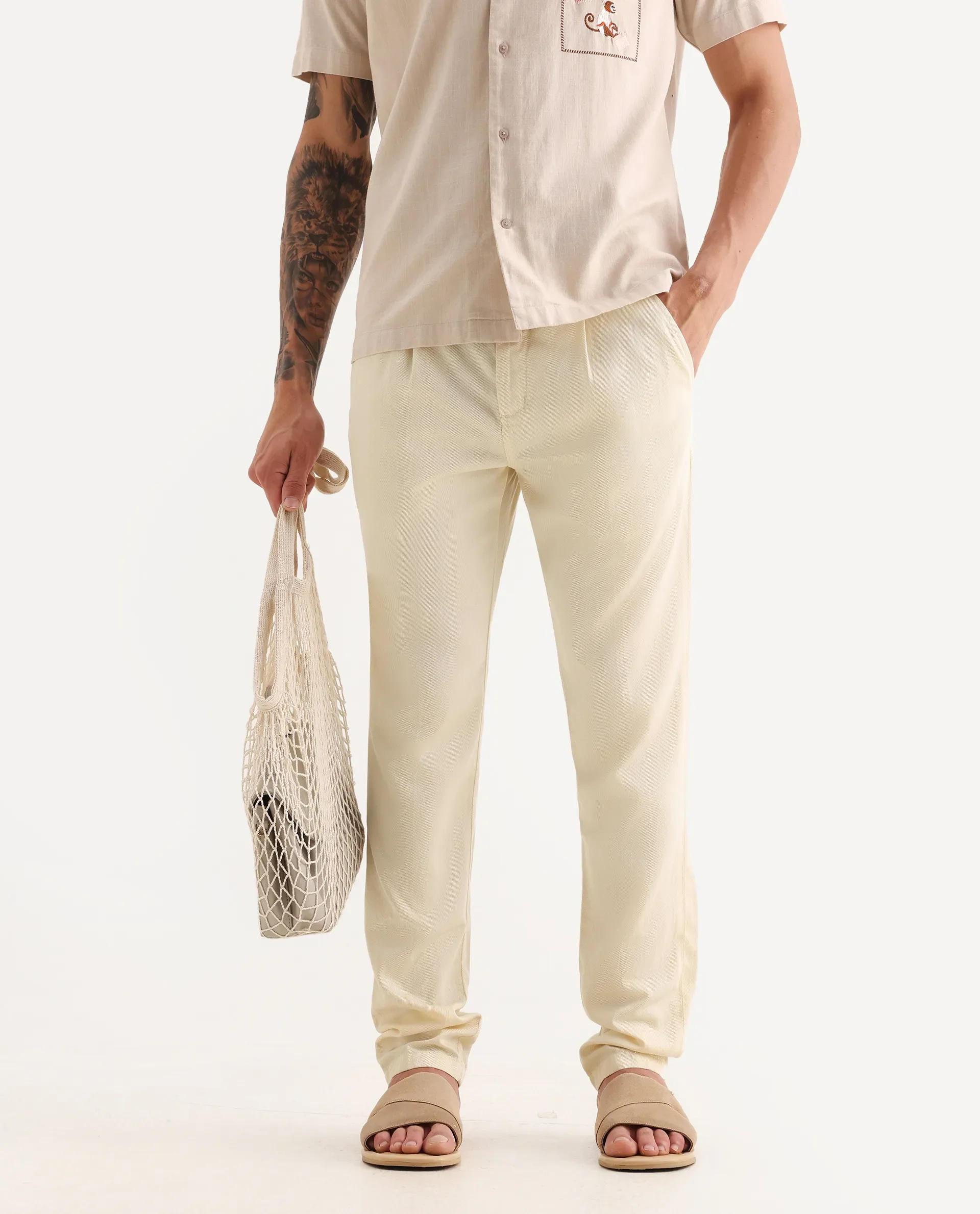 Rare Rabbit Men's Lyte Pastel Yellow Cotton Plain Regular Fit Trouser - Image 2