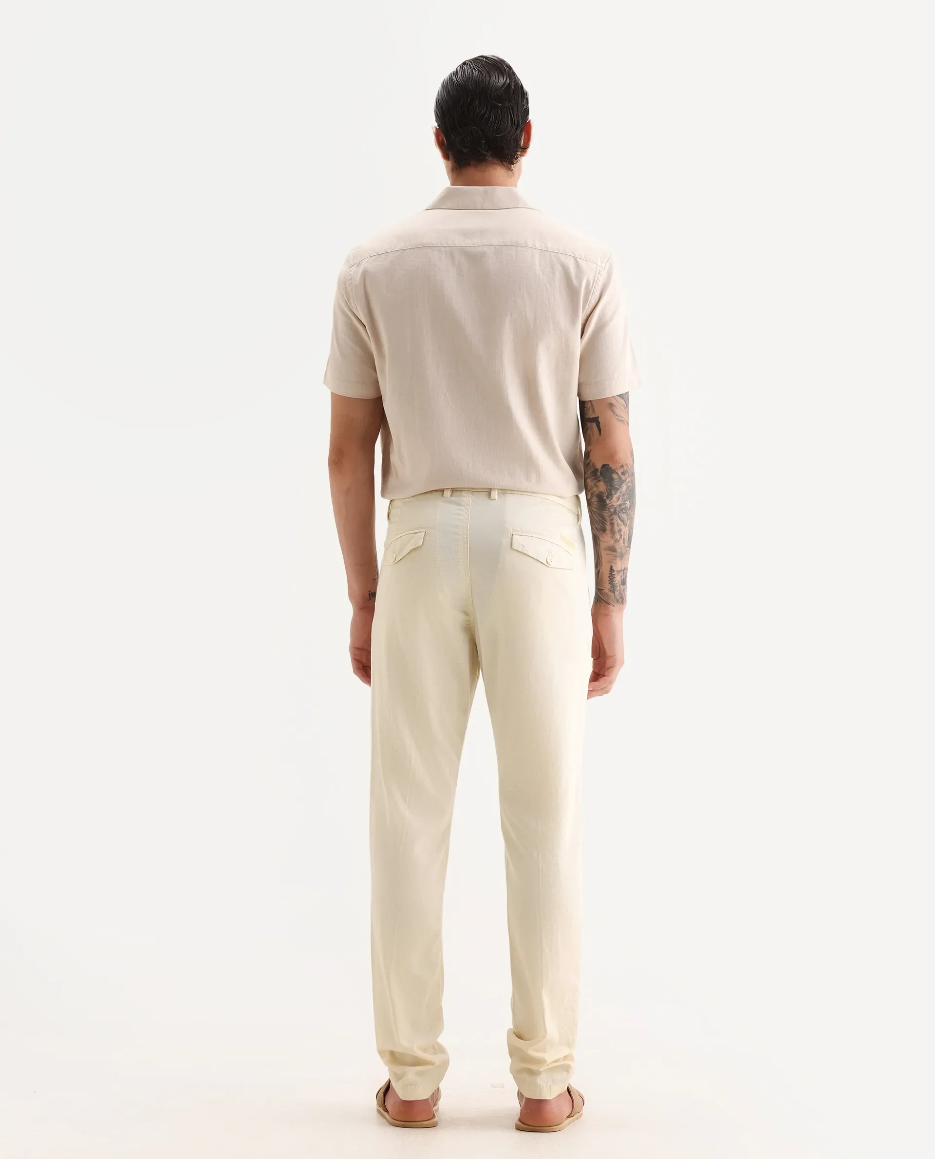 Rare Rabbit Men's Lyte Pastel Yellow Cotton Plain Regular Fit Trouser - Image 7