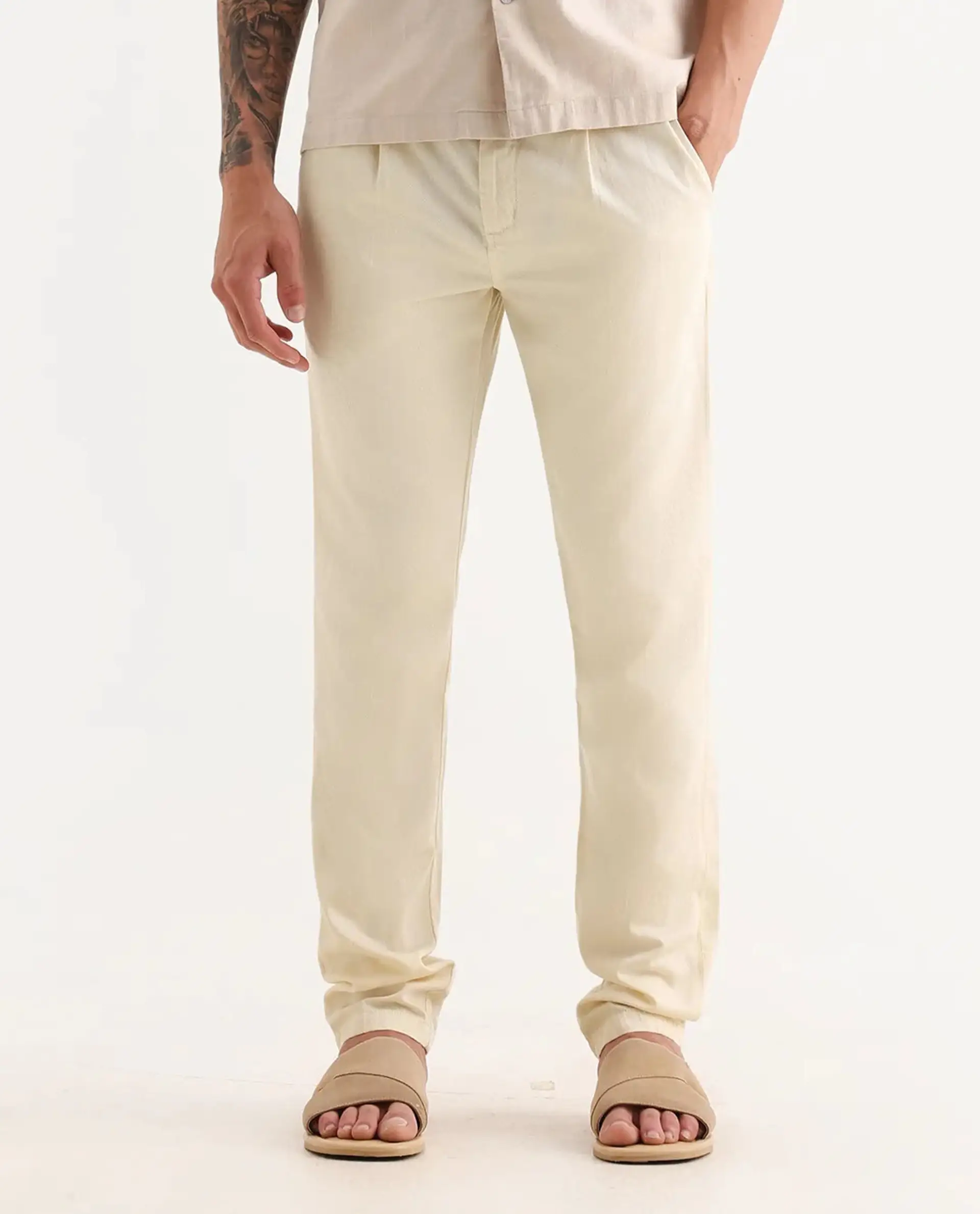 Rare Rabbit Men's Lyte Pastel Yellow Cotton Plain Regular Fit Trouser - Image 8