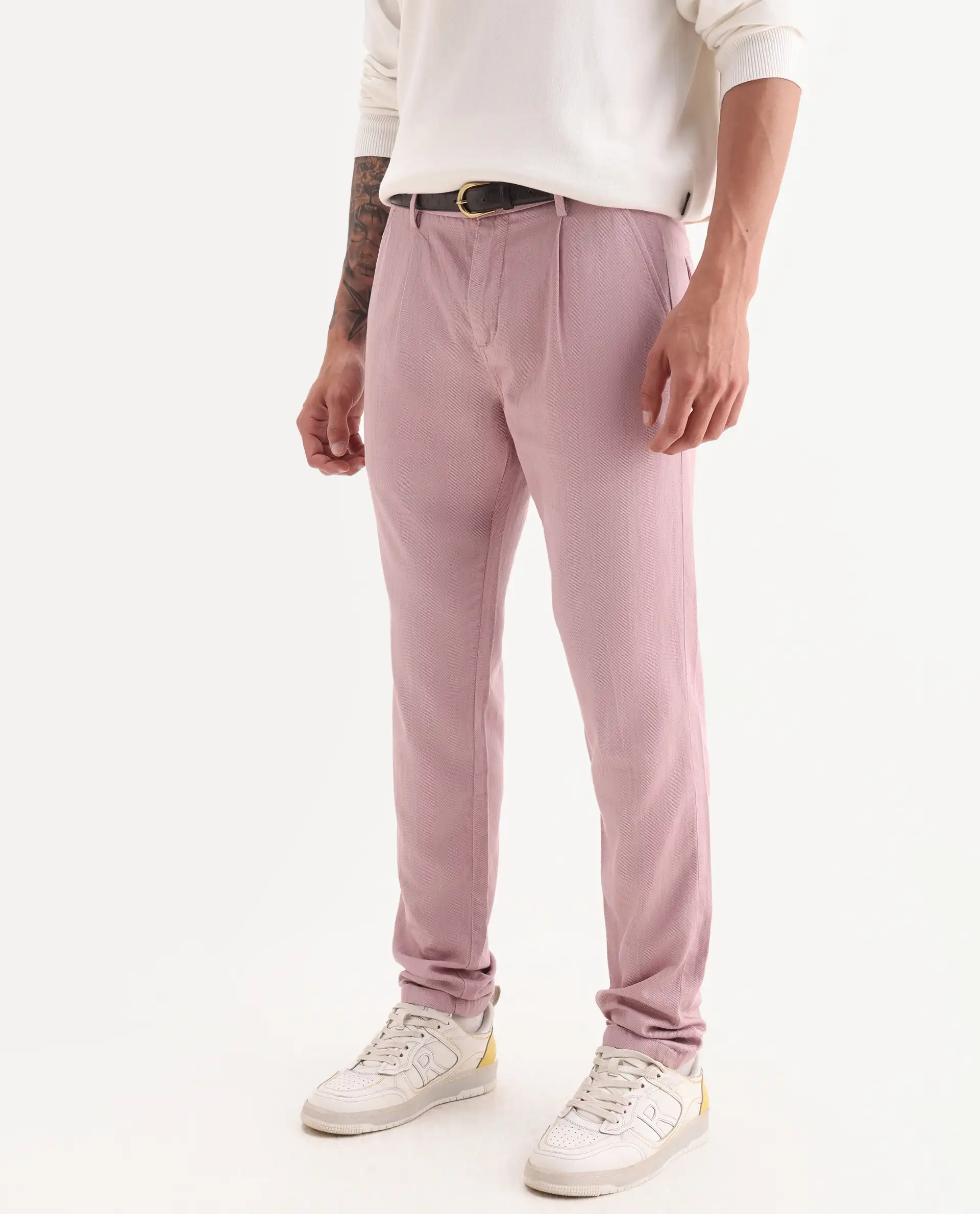 Rare Rabbit Men's Lyte Pink Cotton Plain Regular Fit Trouser - Image 2